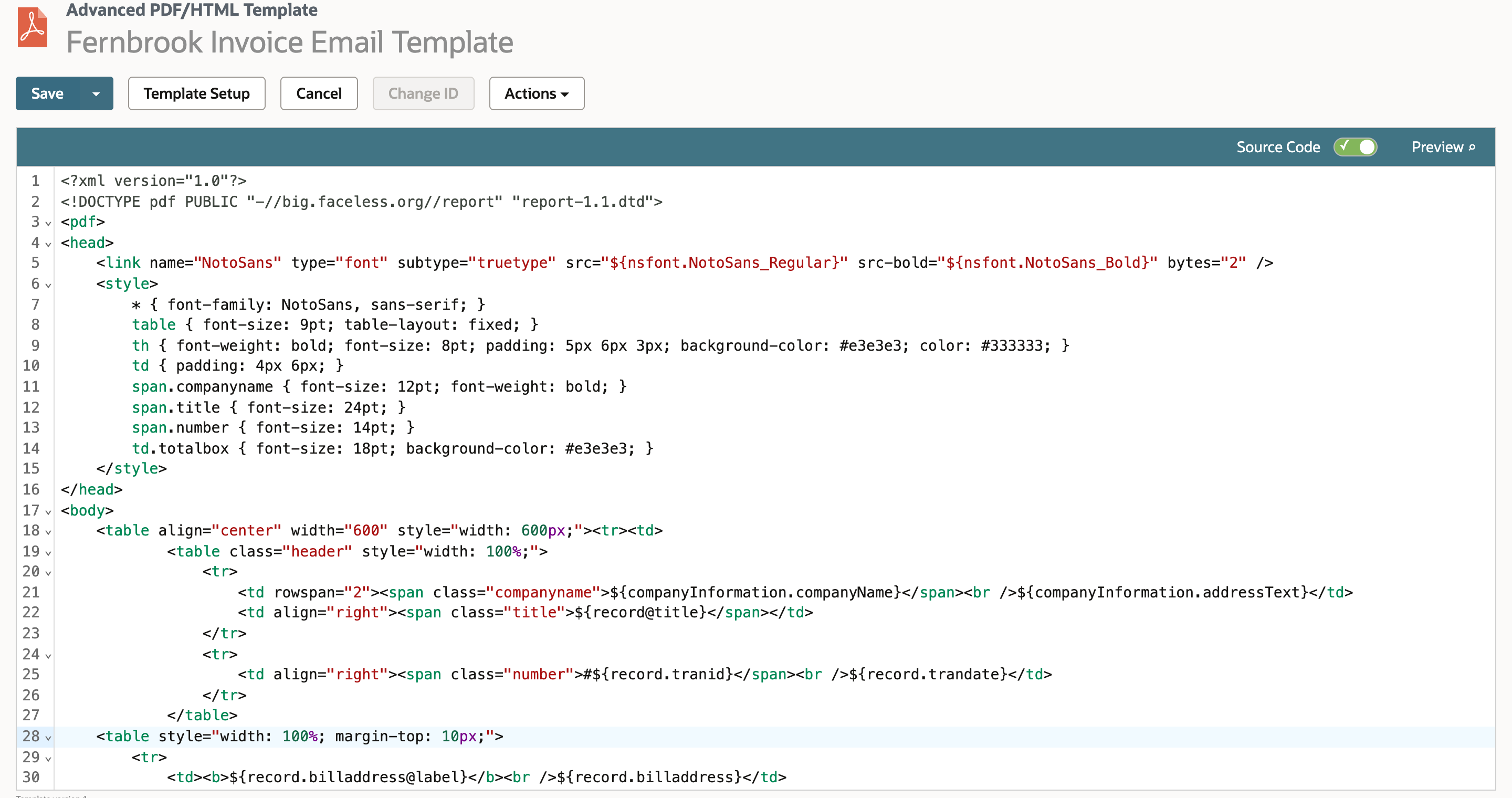The template source with body on line 17, the centered 600px table opening on line 18, and the pasted header table on lines 19 to 27 ahead of the Bill To table on line 28.