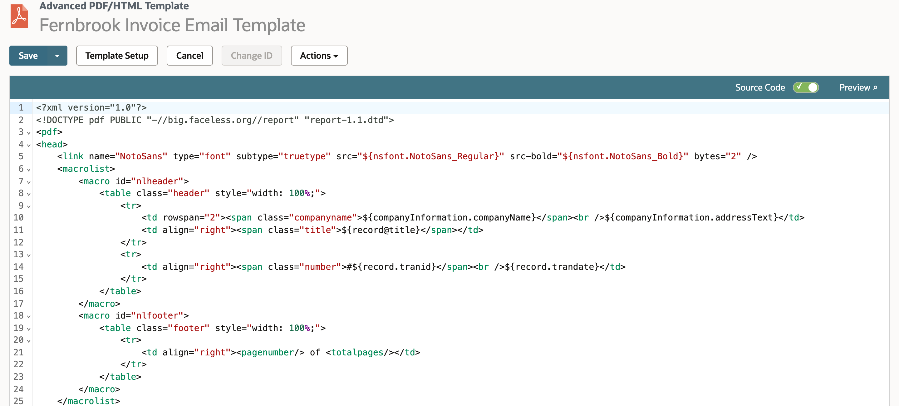 Fernbrook Invoice Email Template in Source Code mode. Lines 6 to 25 hold a macrolist with an nlheader macro containing the header table and an nlfooter macro whose line 21 prints pagenumber of totalpages.