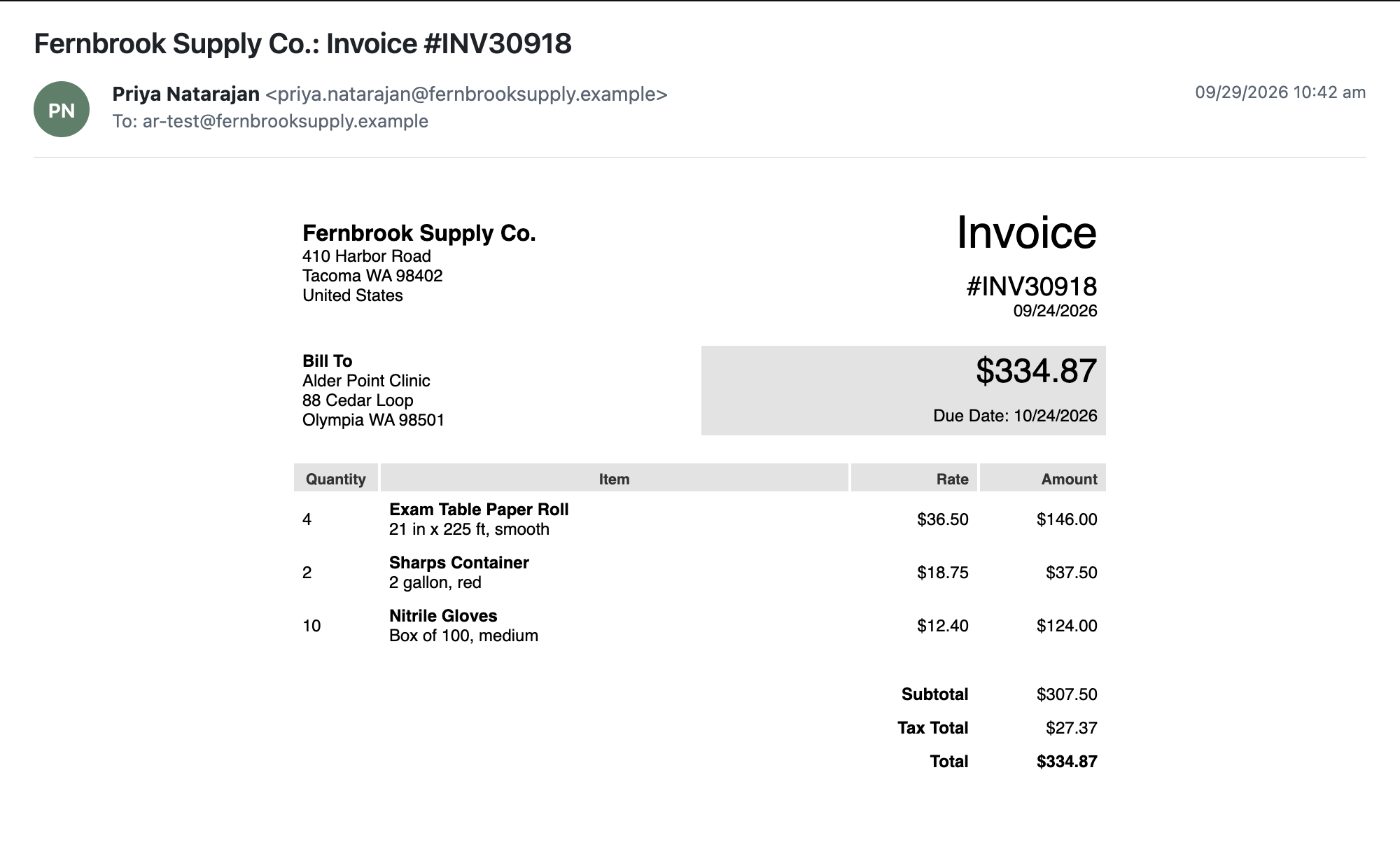 The newest email Fernbrook Supply Co.: Invoice #INV30918 with the Fernbrook Supply Co. header once at the top, no stray of under the date, and the whole invoice in a centered column with the $334.87 total box beside Bill To.