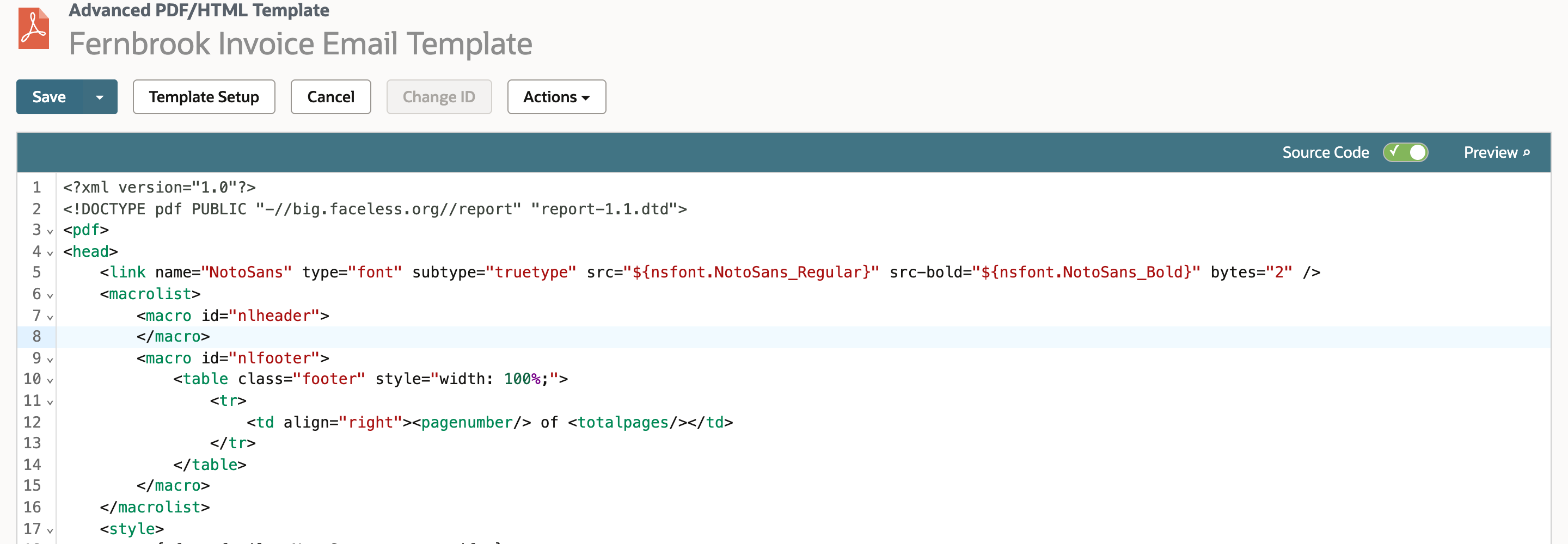 The template source after the cut. Line 7 opens the nlheader macro and line 8 closes it with nothing inside, followed by the nlfooter macro with the pagenumber of totalpages line.