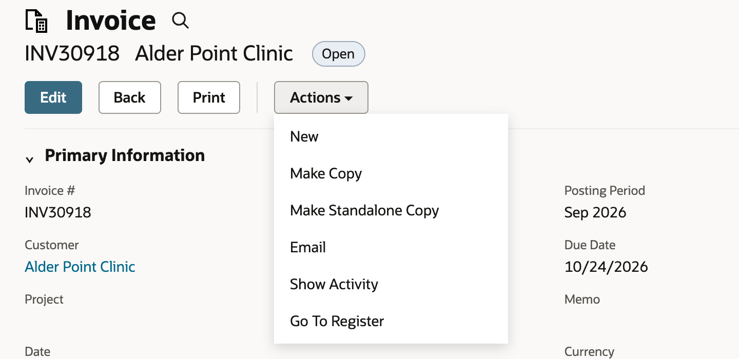 Invoice INV30918 for Alder Point Clinic with the Actions menu open, listing New, Make Copy, Make Standalone Copy, Email, Show Activity and Go To Register.