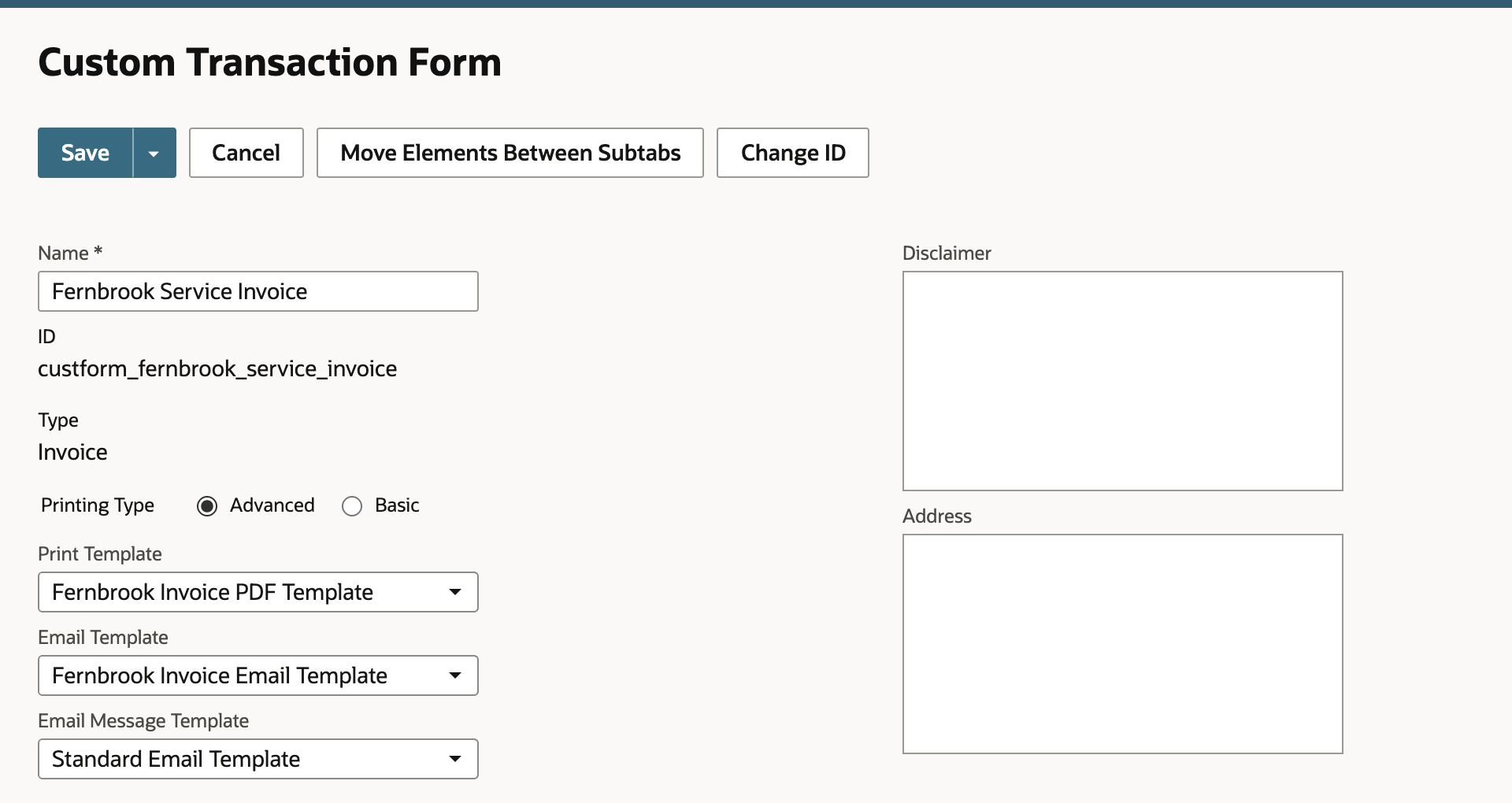 Custom Transaction Form Fernbrook Service Invoice with Printing Type Advanced, Print Template Fernbrook Invoice PDF Template, Email Template Fernbrook Invoice Email Template, and Email Message Template Standard Email Template.