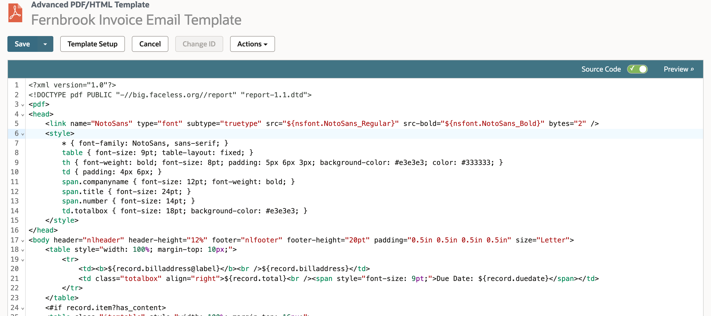 The template source with no macrolist. The style block starts on line 6, and line 17 still reads body header nlheader, header-height 12%, footer nlfooter, footer-height 20pt, padding 0.5in and size Letter.
