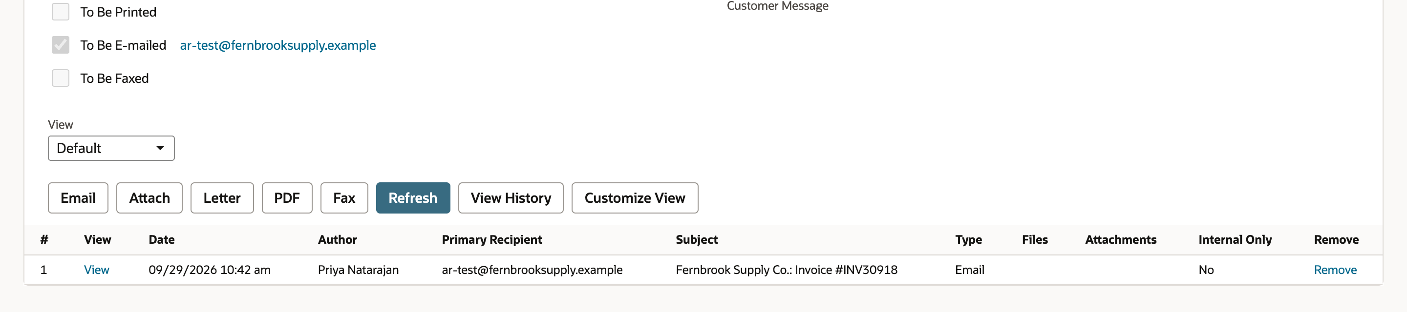The Messages list on INV30918 with one Email row dated 09/29/2026 10:42 am, author Priya Natarajan, primary recipient ar-test@fernbrooksupply.example and subject Fernbrook Supply Co.: Invoice #INV30918.