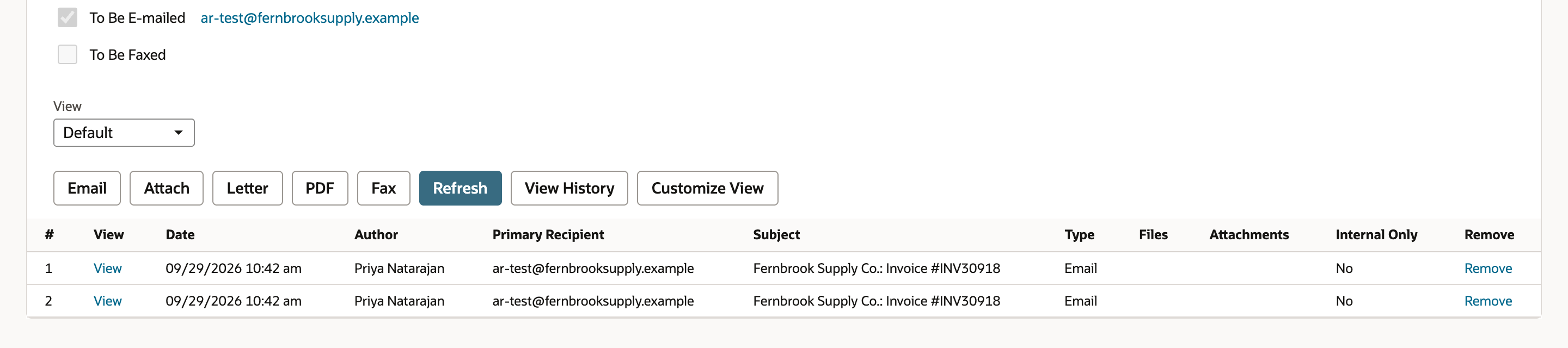 The Messages list on INV30918 with two Email rows, both to ar-test@fernbrooksupply.example with the subject Fernbrook Supply Co.: Invoice #INV30918.