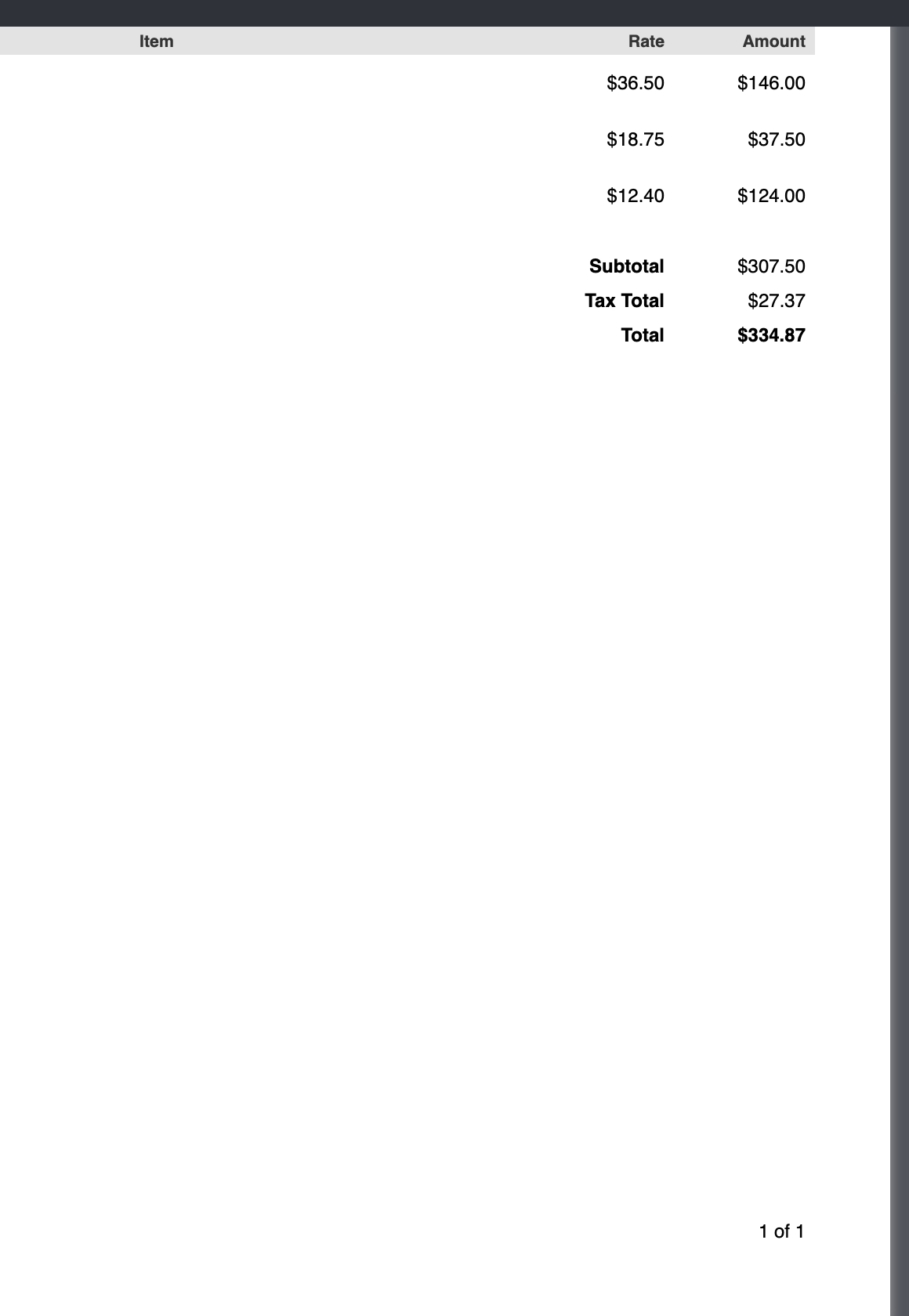 The bottom of the preview page with Subtotal $307.50, Tax Total $27.37, Total $334.87, and the footer text 1 of 1 at the bottom right.