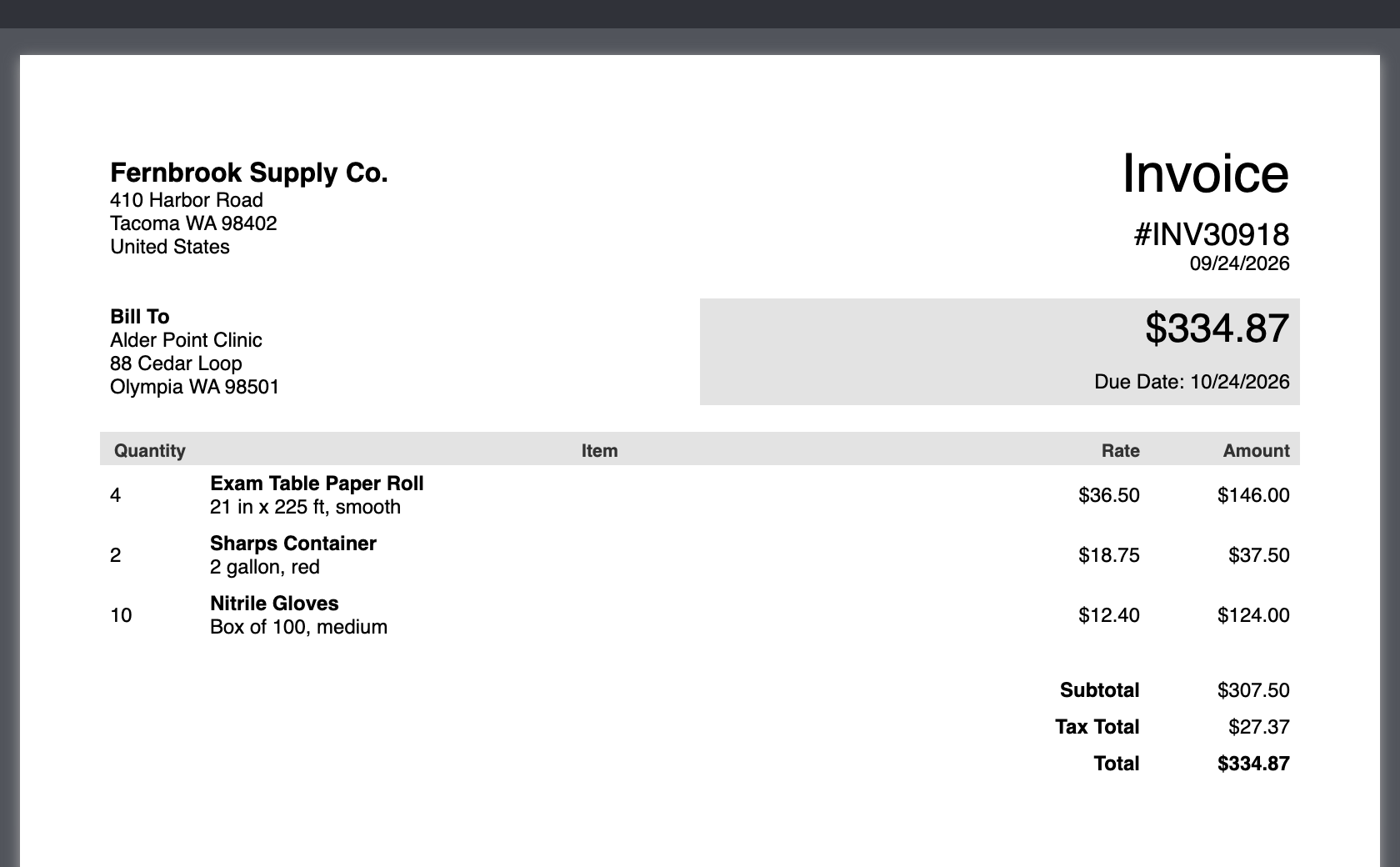 Preview of Fernbrook Invoice Email Template.pdf showing the Fernbrook Supply Co. header, Invoice #INV30918 dated 09/24/2026, Bill To Alder Point Clinic, the $334.87 total box and three item lines.