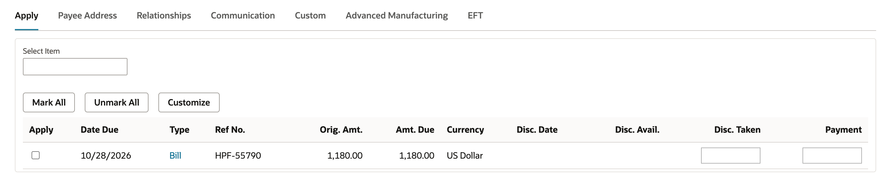 Apply subtab listing only bill HPF-55790 for 1,180.00 after A/P Account changed to 2010
