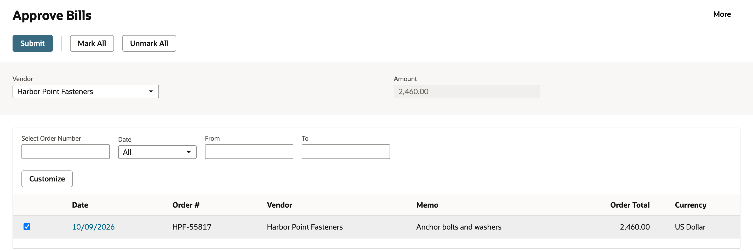 Approve Bills filtered to Harbor Point Fasteners with HPF-55817 checked and Amount 2,460.00