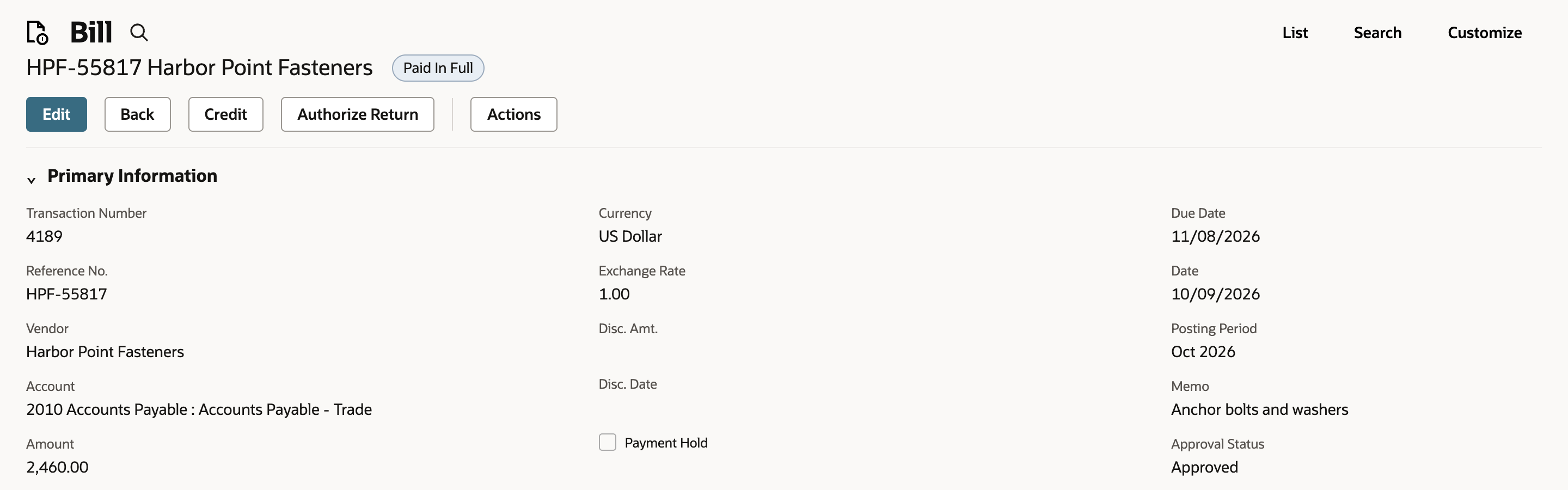 Bill HPF-55817 with a Paid In Full badge and Approval Status Approved