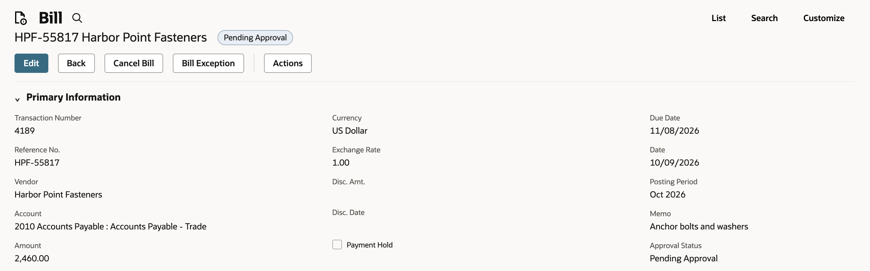 Bill HPF-55817 with a Pending Approval badge and Approval Status Pending Approval