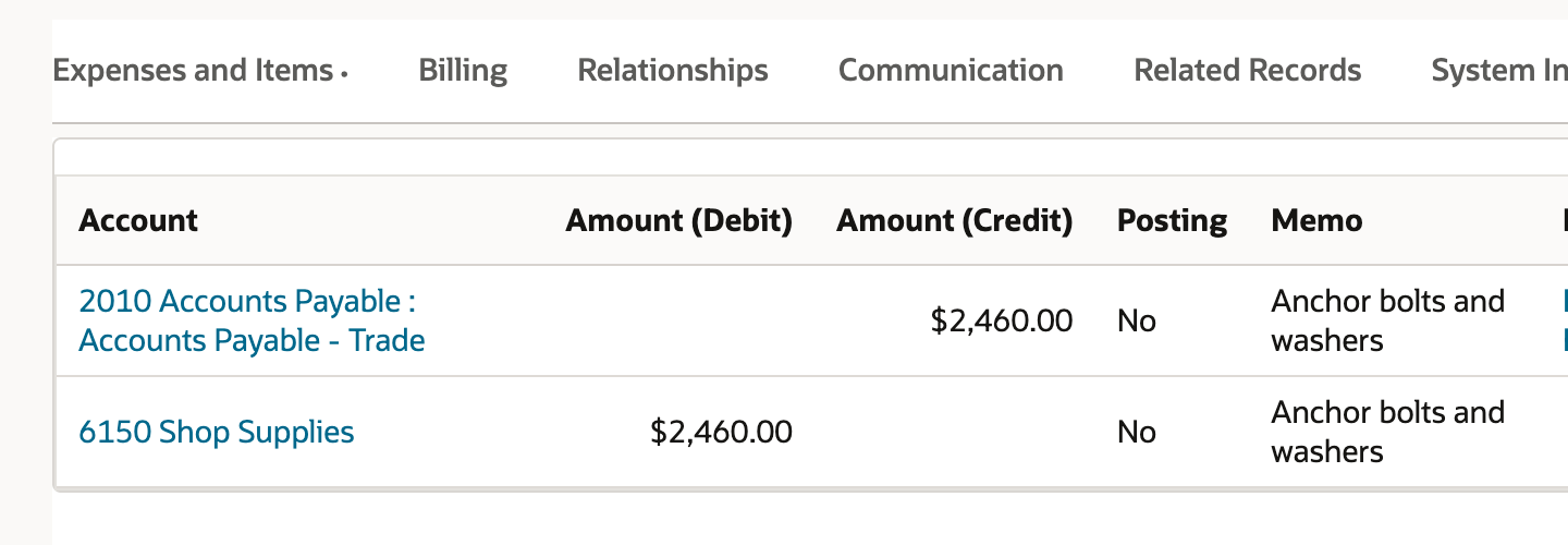 GL Impact subtab with the A/P credit and expense debit both marked Posting No
