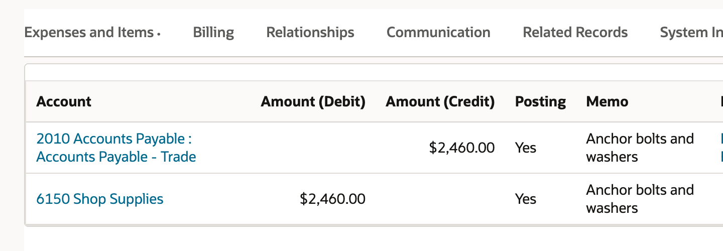GL Impact of the approved bill with both lines marked Posting Yes