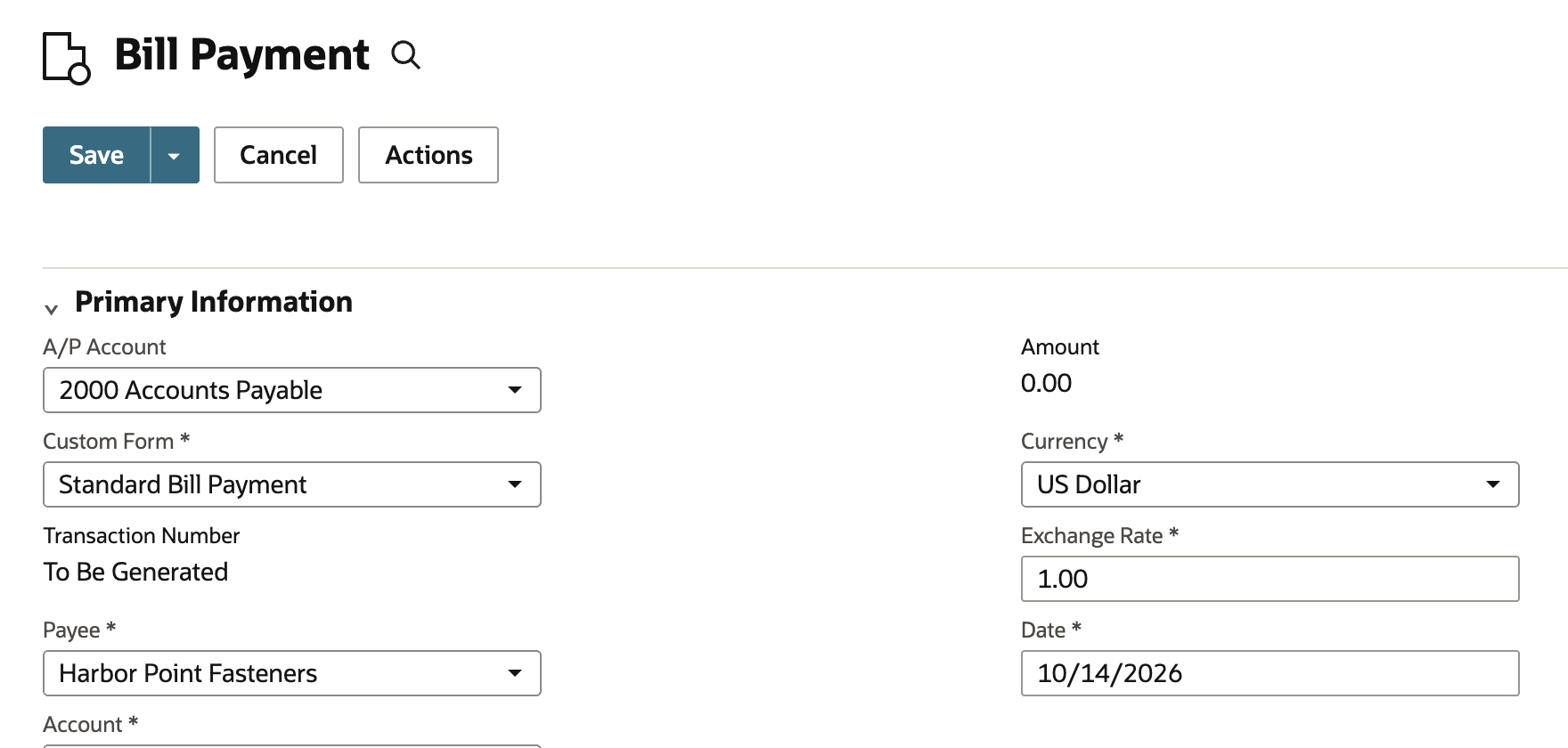 Bill Payment form with Payee Harbor Point Fasteners and A/P Account 2000 Accounts Payable