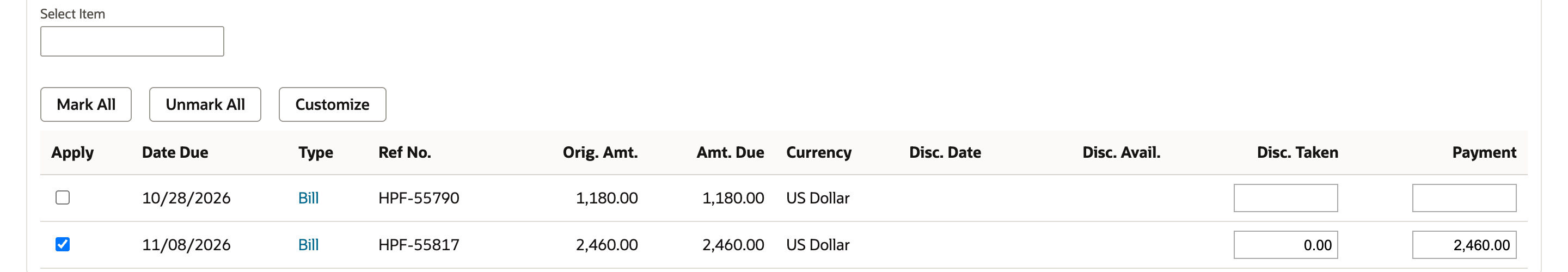 Apply subtab with both bills listed and HPF-55817 applied for 2,460.00