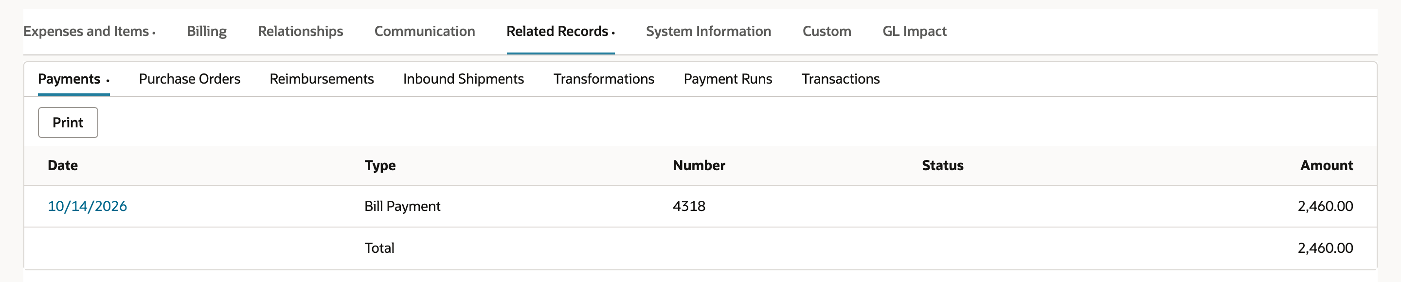 Related Records Payments list with bill payment 4318 for 2,460.00