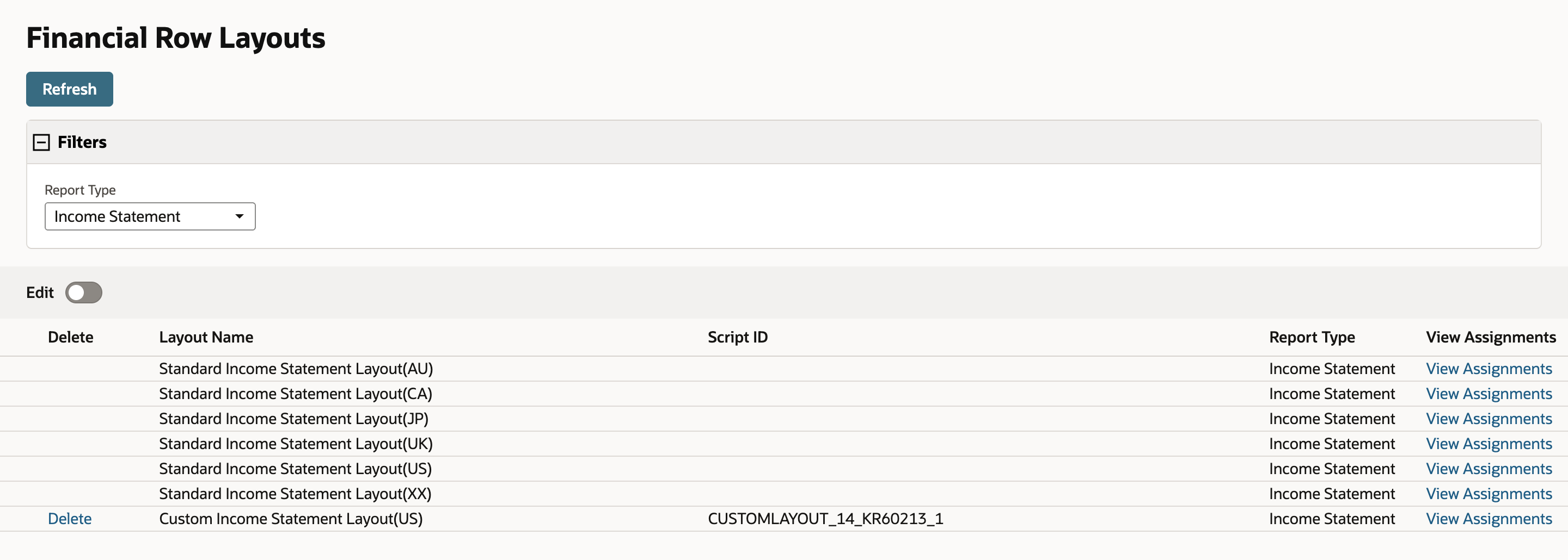 Financial Row Layouts filtered to Income Statement, listing Standard Income Statement Layouts for AU, CA, JP, UK, US and XX, plus Custom Income Statement Layout(US) with Script ID CUSTOMLAYOUT_14_KR60213_1 and a Delete link. A red arrow points at the custom layout name.