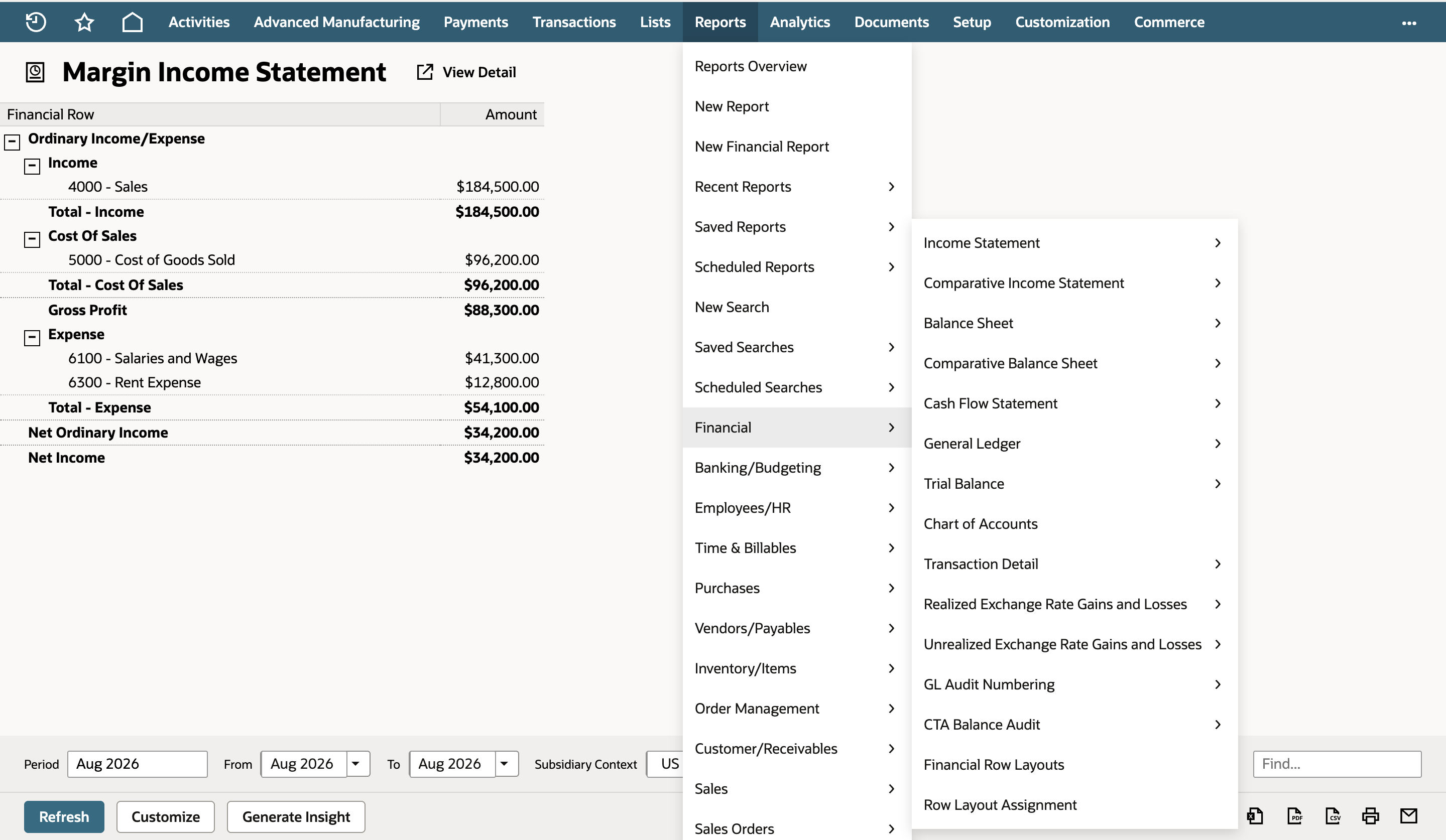 The Reports menu open to Financial, with Financial Row Layouts and Row Layout Assignment at the bottom of the submenu and a red arrow pointing at Financial Row Layouts.
