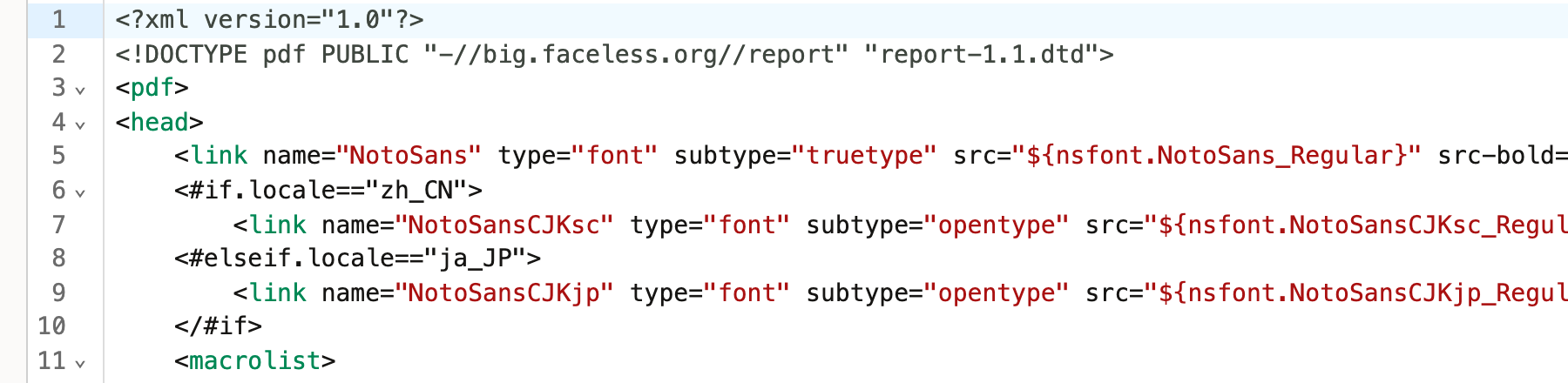 Template source lines 1 to 11. Line 6 reads if.locale equals zh_CN and line 8 reads elseif.locale equals ja_JP, both with no space after the directive name; line 10 closes the if.
