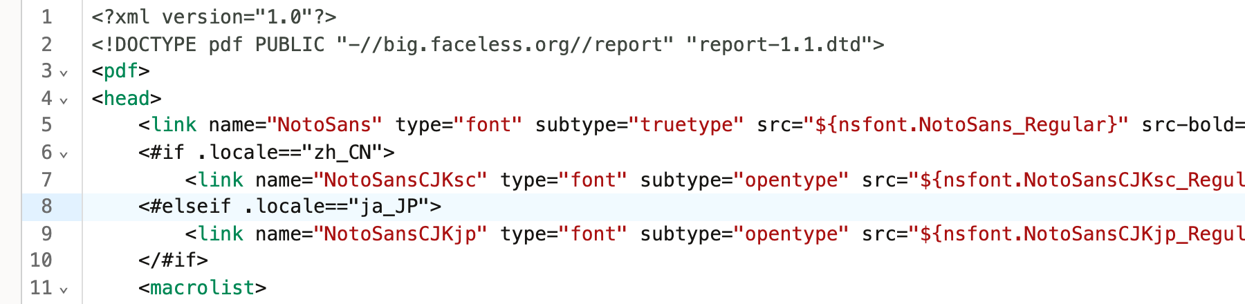 Template source lines 1 to 11 after the fix. Line 6 reads if .locale equals zh_CN and line 8 reads elseif .locale equals ja_JP, each with a space after the directive name.