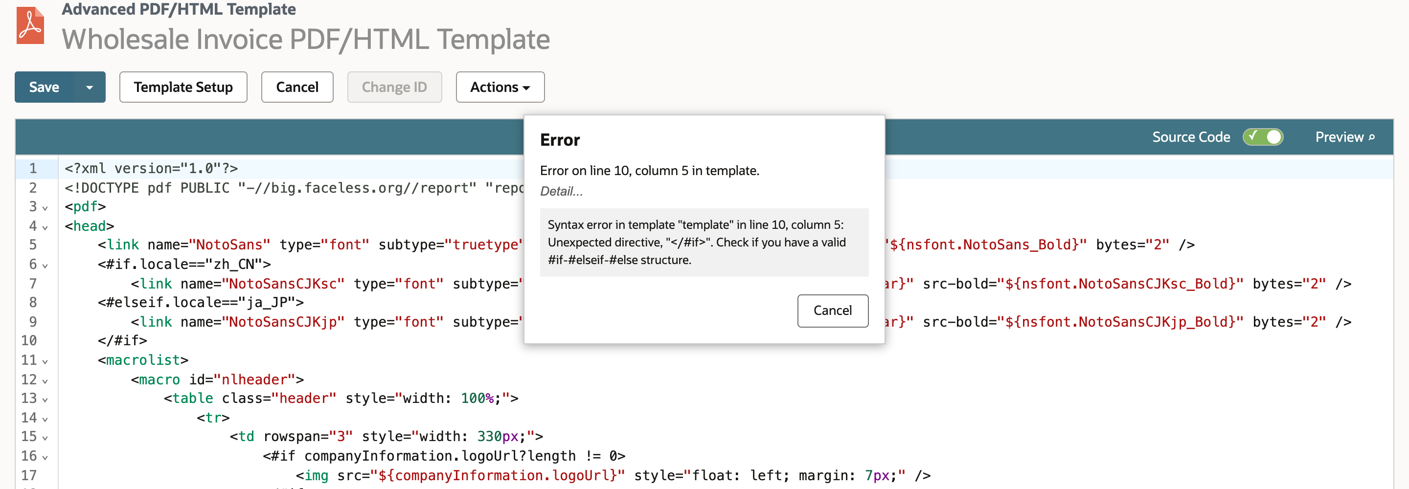 The Error popup expanded to show the syntax error in template line 10, column 5: Unexpected directive, closing if. Check if you have a valid if-elseif-else structure.