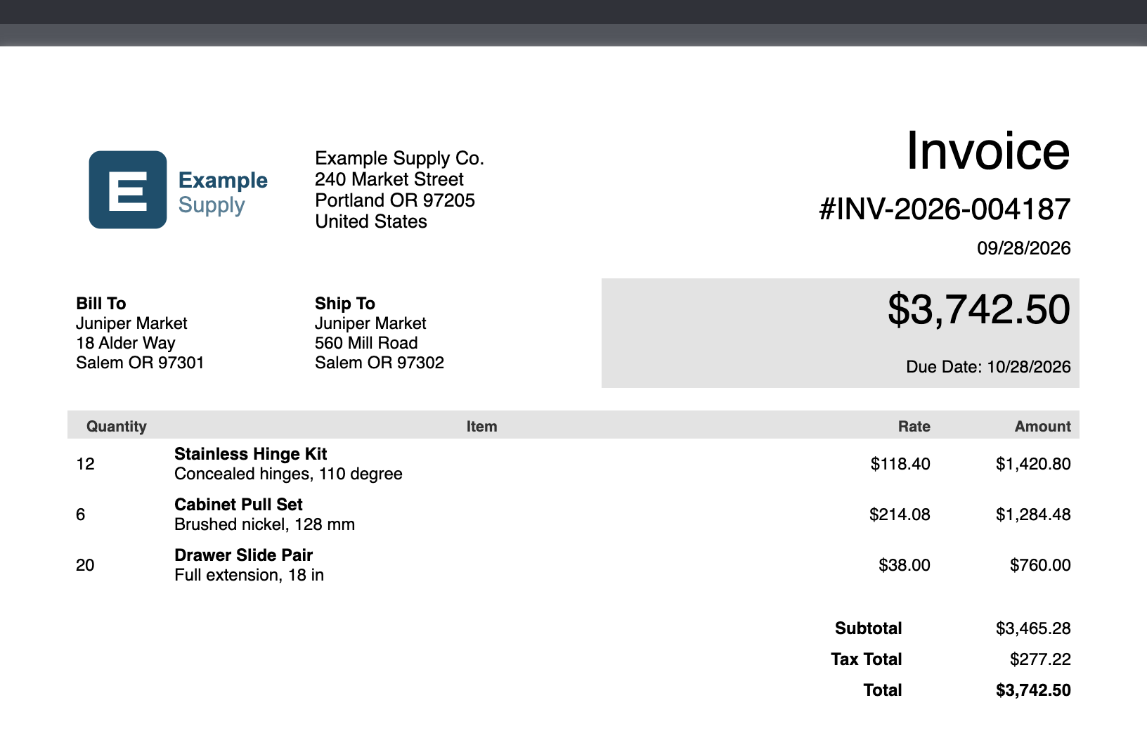 Preview of the repaired invoice with the logo above Bill To, the Example Supply Co. address above Ship To, and Invoice #INV-2026-004187 on one line with the date above the $3,742.50 total box.