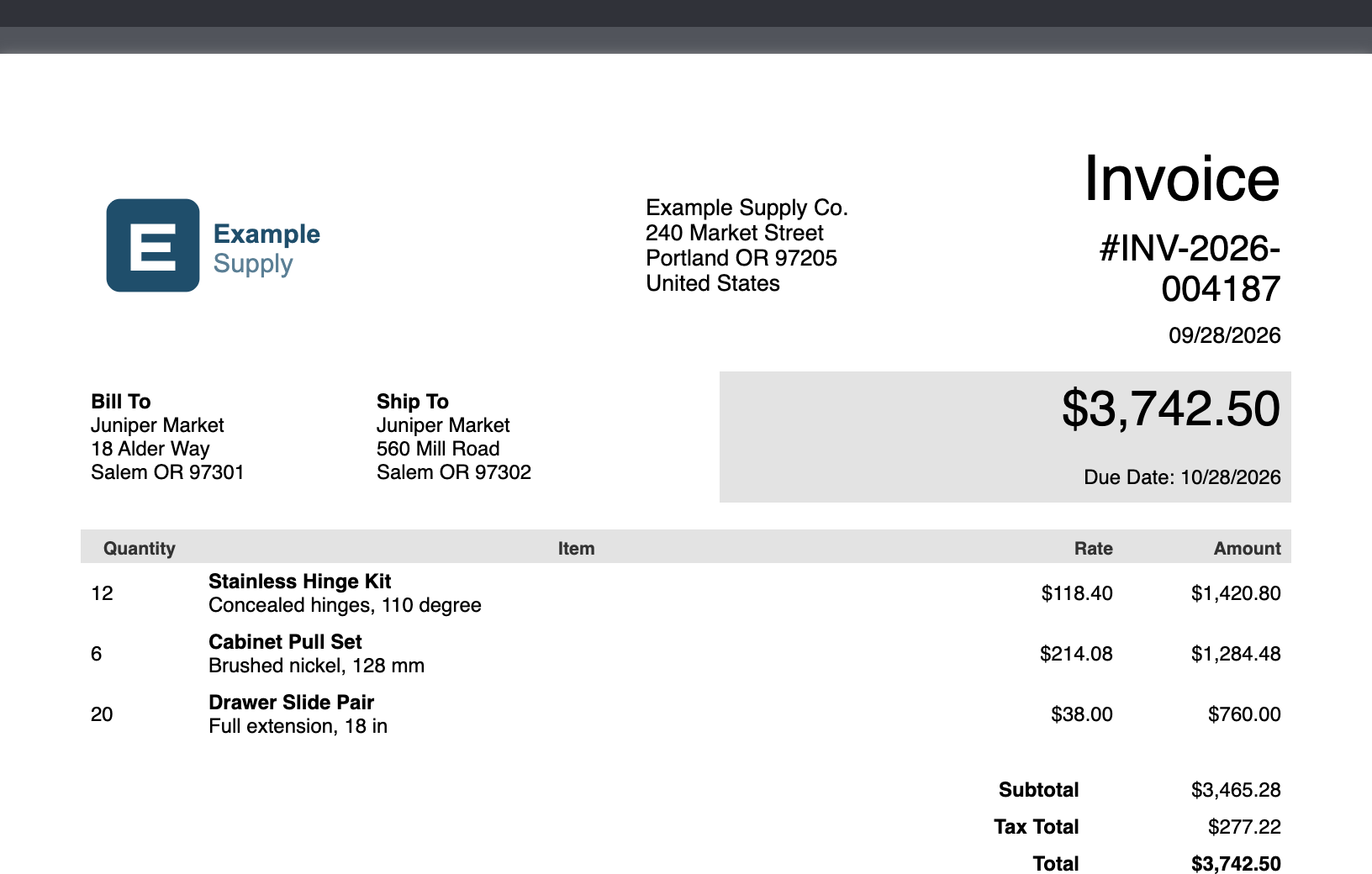 Preview with the smaller logo. The Example Supply Co. address starts far to the right of the Ship To column, and the invoice number still wraps onto two lines.