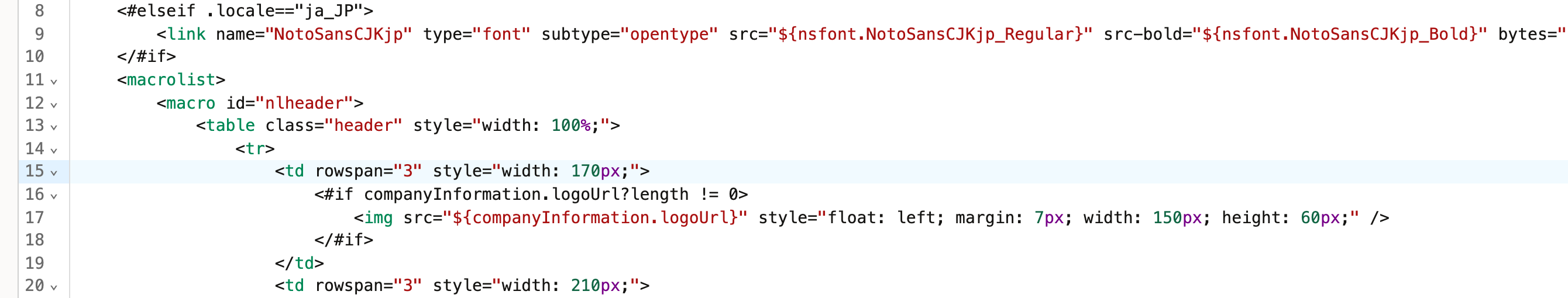 Template source lines 8 to 20 with line 15 reading td rowspan 3 style width 170px, and the resized logo on line 17.