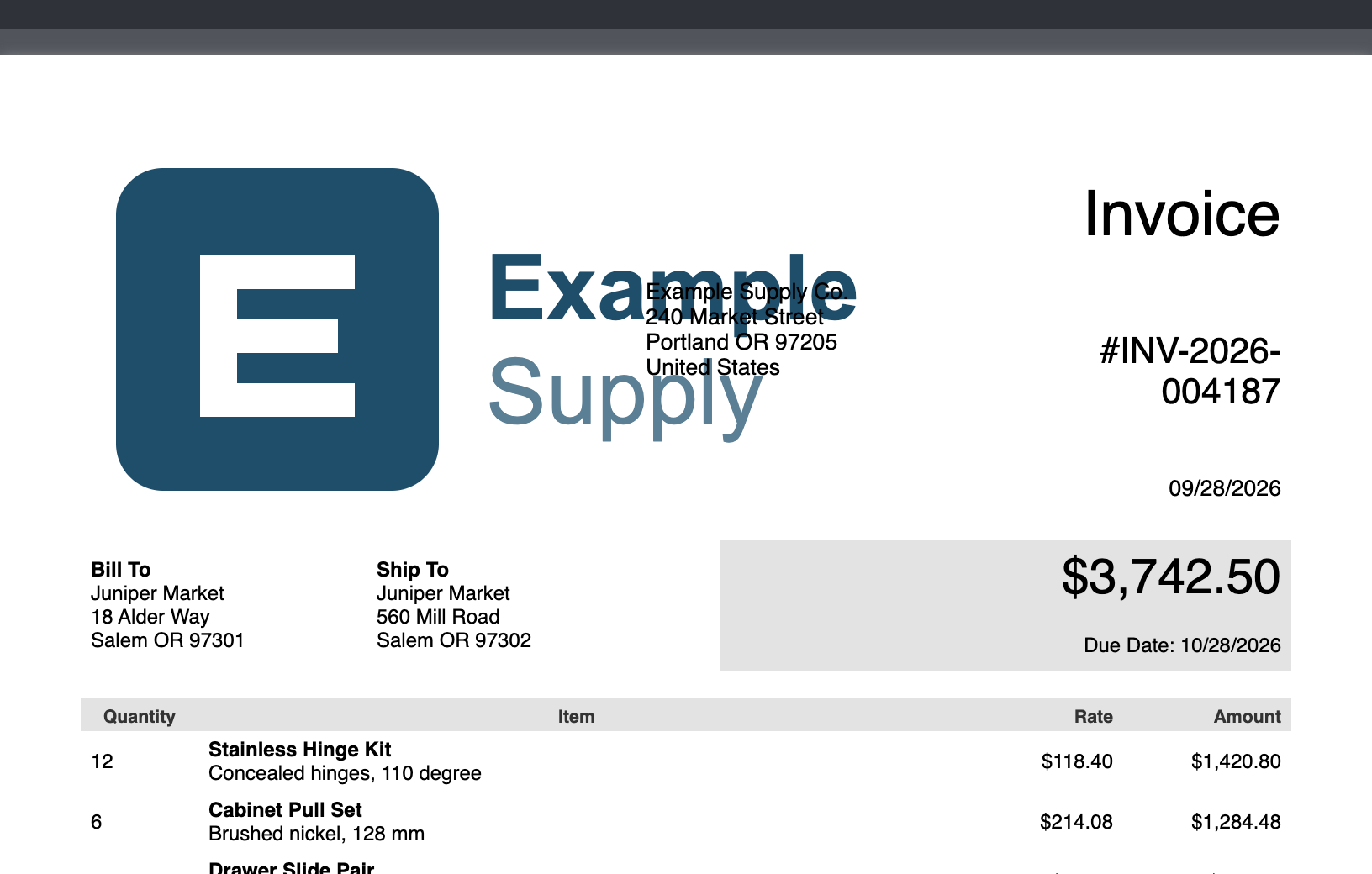 Preview of the invoice after the syntax fix. A very large Example Supply logo fills the top left and overlaps the Example Supply Co. address, and the invoice number wraps as INV-2026- and 004187.