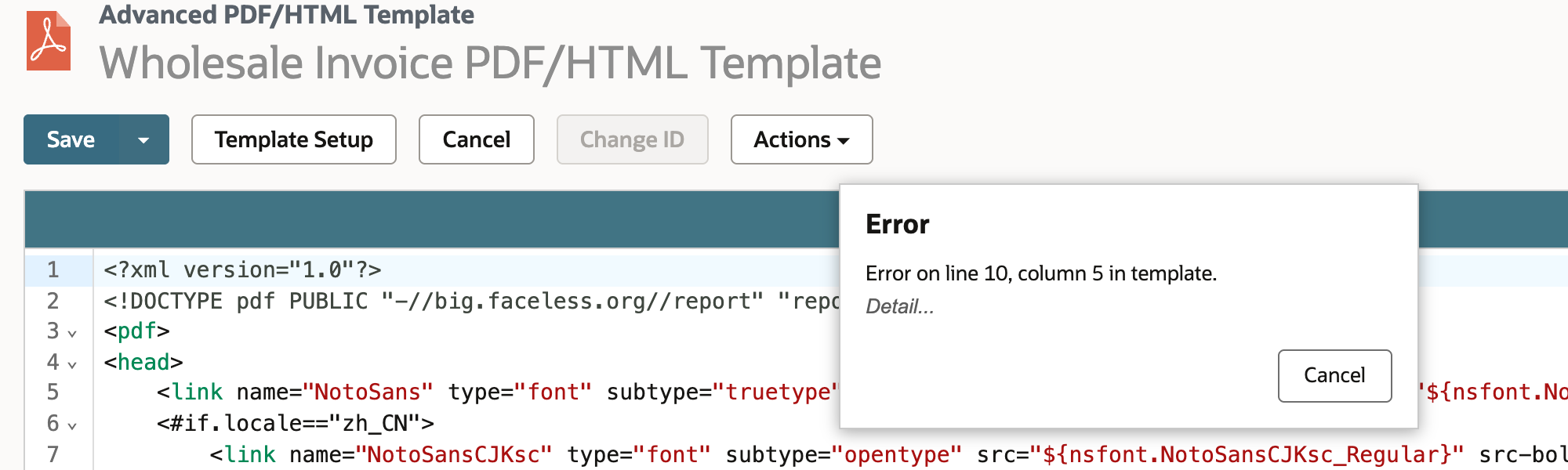 An Error popup over the template editor reading Error on line 10, column 5 in template, with a Detail link and a Cancel button.