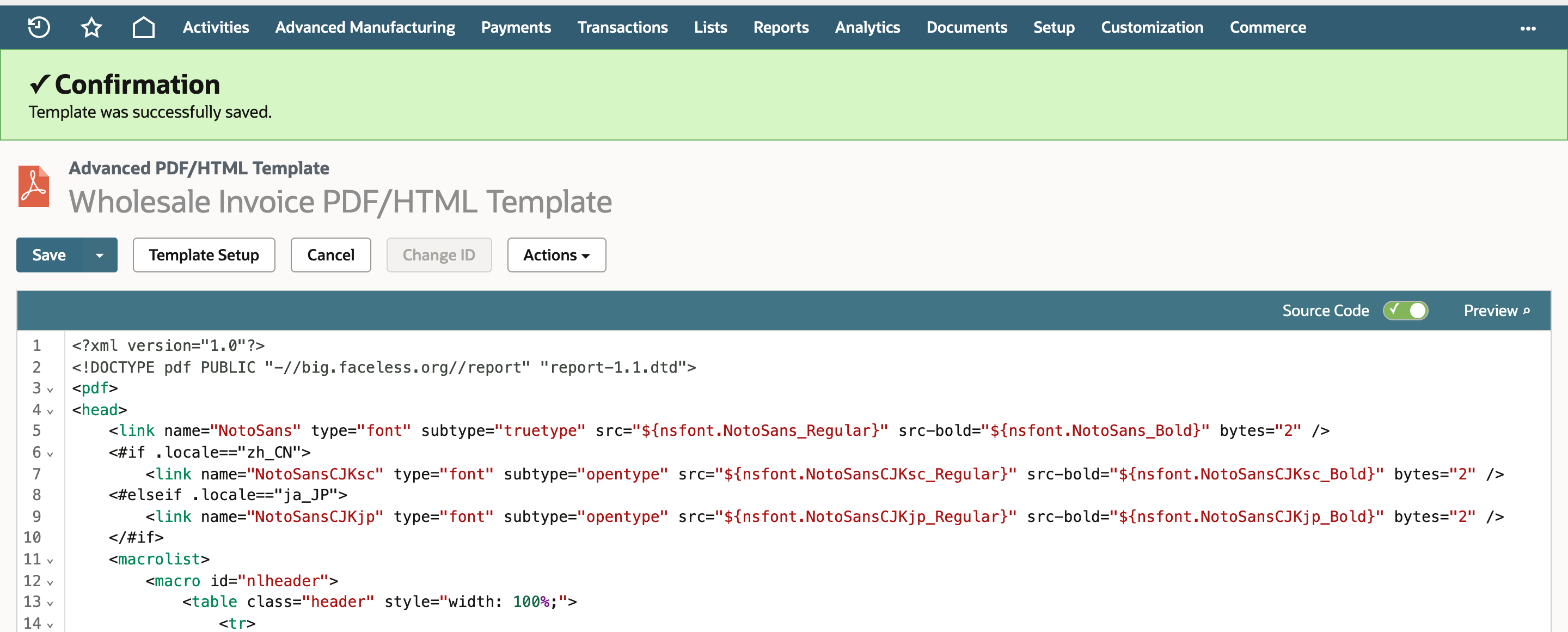 The template editor after Save and Edit, with a Confirmation banner reading Template was successfully saved, and the source showing the repaired lines 6 and 8 and the 170px cell on line 15.