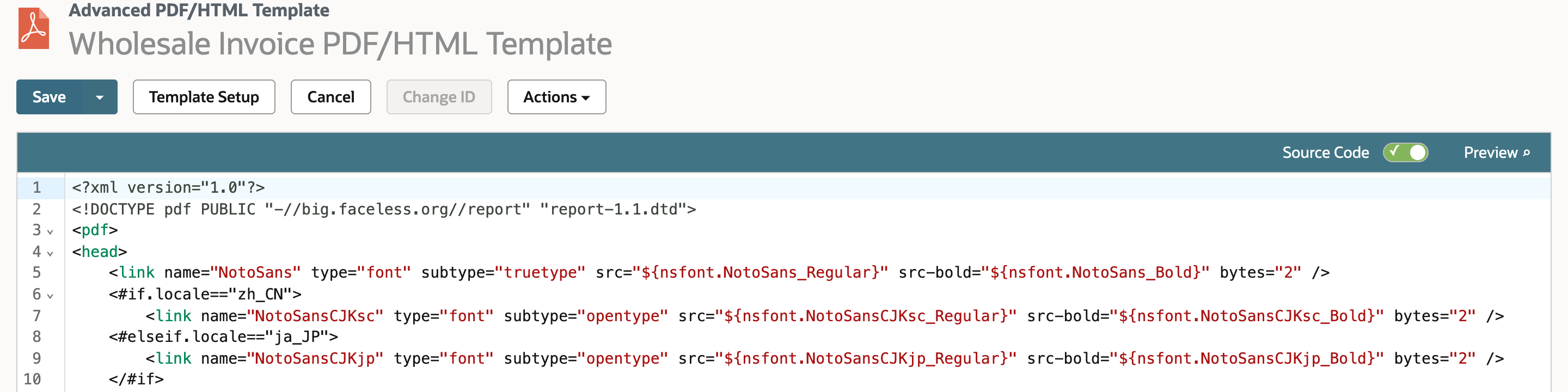 Wholesale Invoice PDF/HTML Template open with the Source Code toggle on, showing source lines 1 to 10, including the font-selection block on lines 6 to 10.