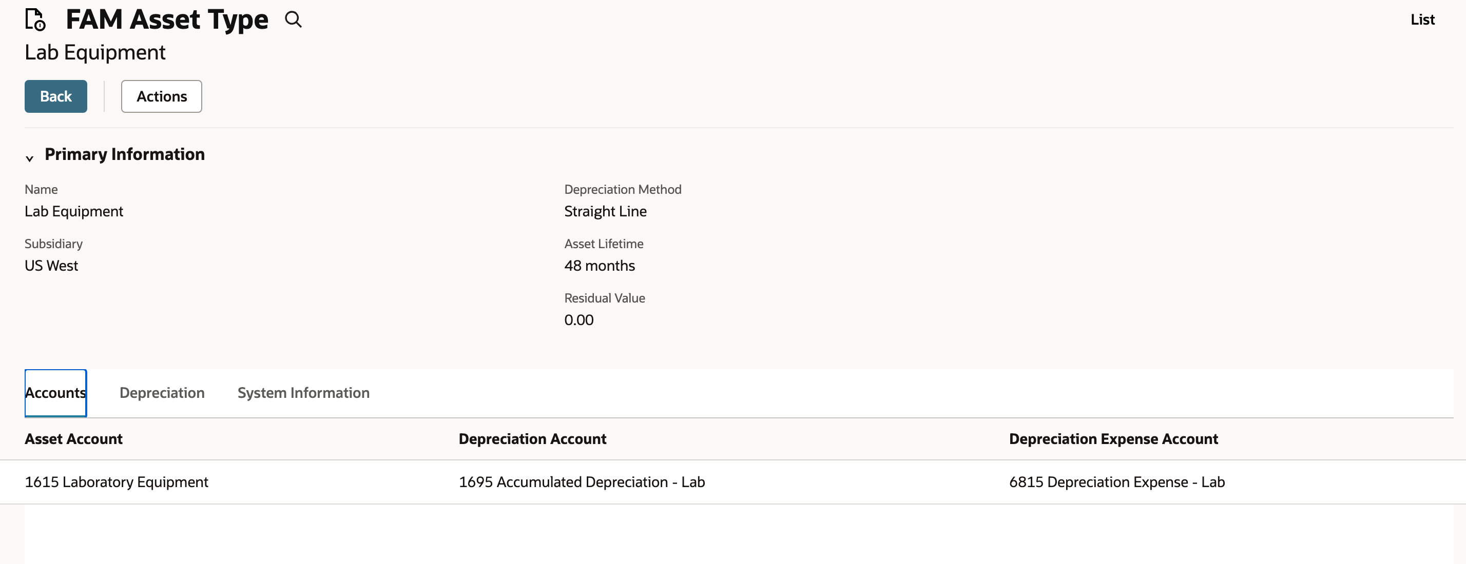 Lab Equipment supplies the posting-account mapping and depreciation defaults.