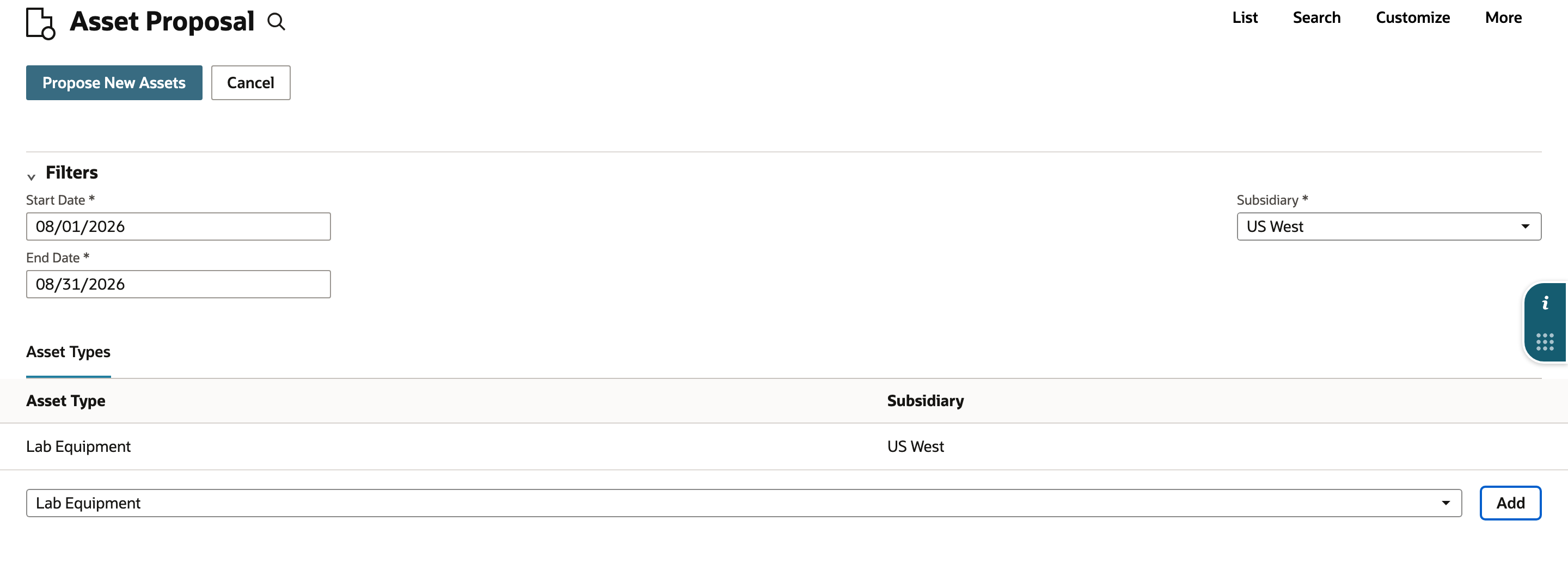 The proposal scope selects August transactions for US West and Lab Equipment.