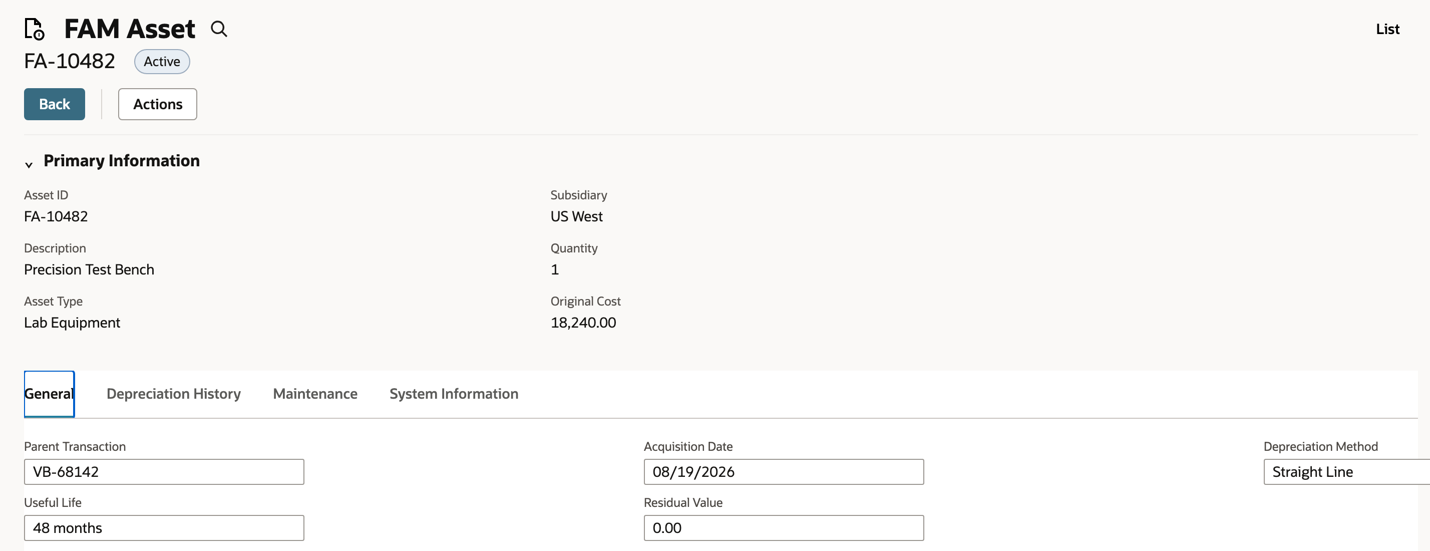 The generated asset retains its purchase link and reviewed depreciation values.