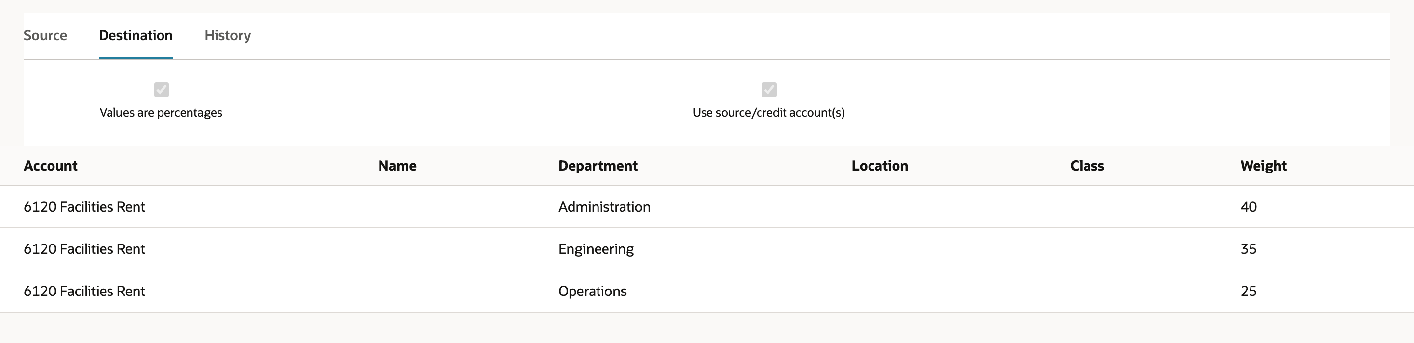 NetSuite fixed allocation schedule Destination subtab with Values are percentages checked and three department lines weighted 40, 35 and 25