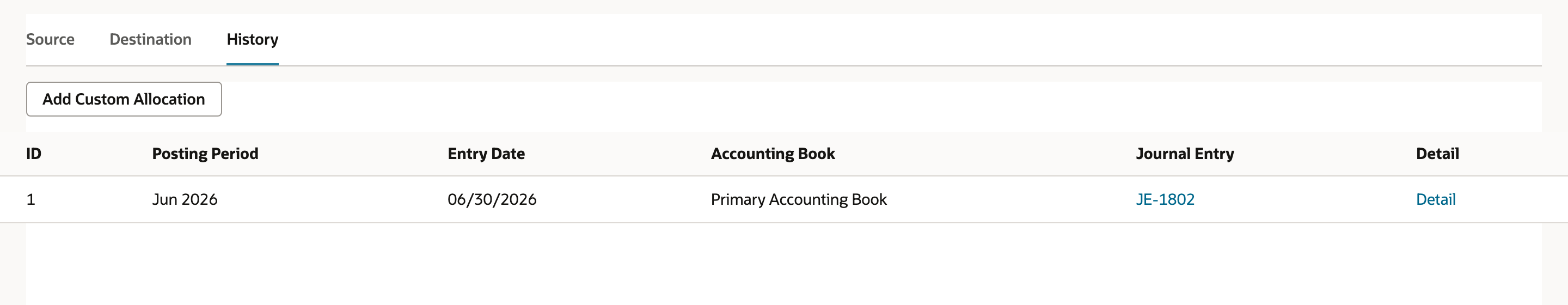 NetSuite allocation schedule History subtab listing run 1 for Jun 2026 with a link to journal JE-1802