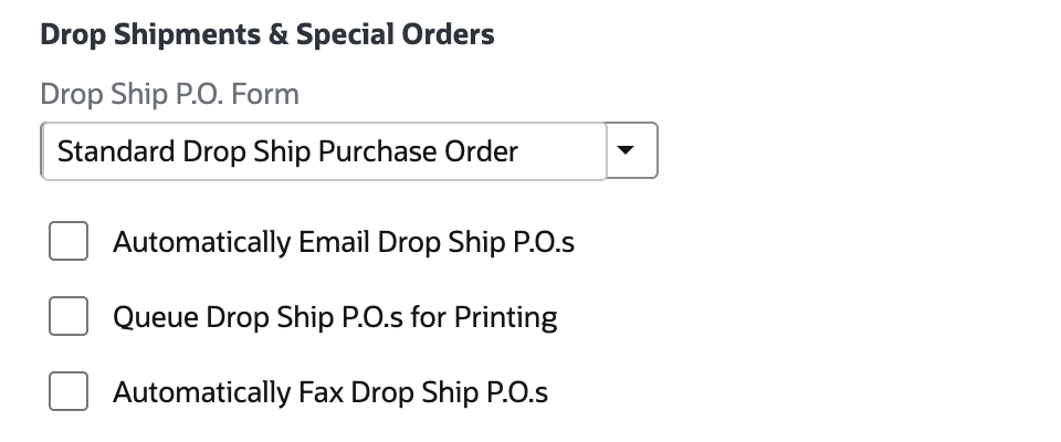 Order Management preferences for emailing, printing and faxing drop-ship purchase orders
