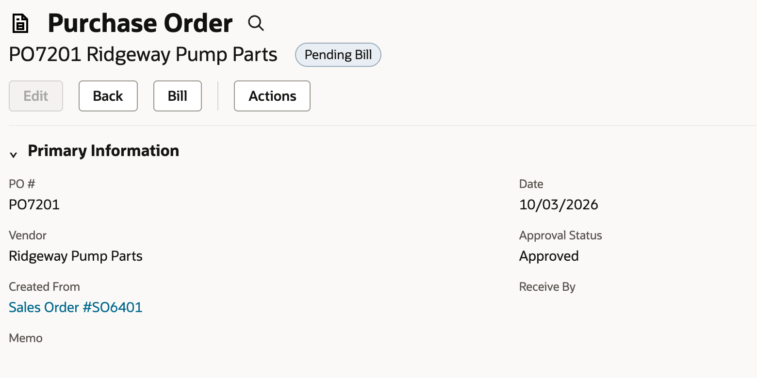 Vendor purchase-order header with a separate Bill action