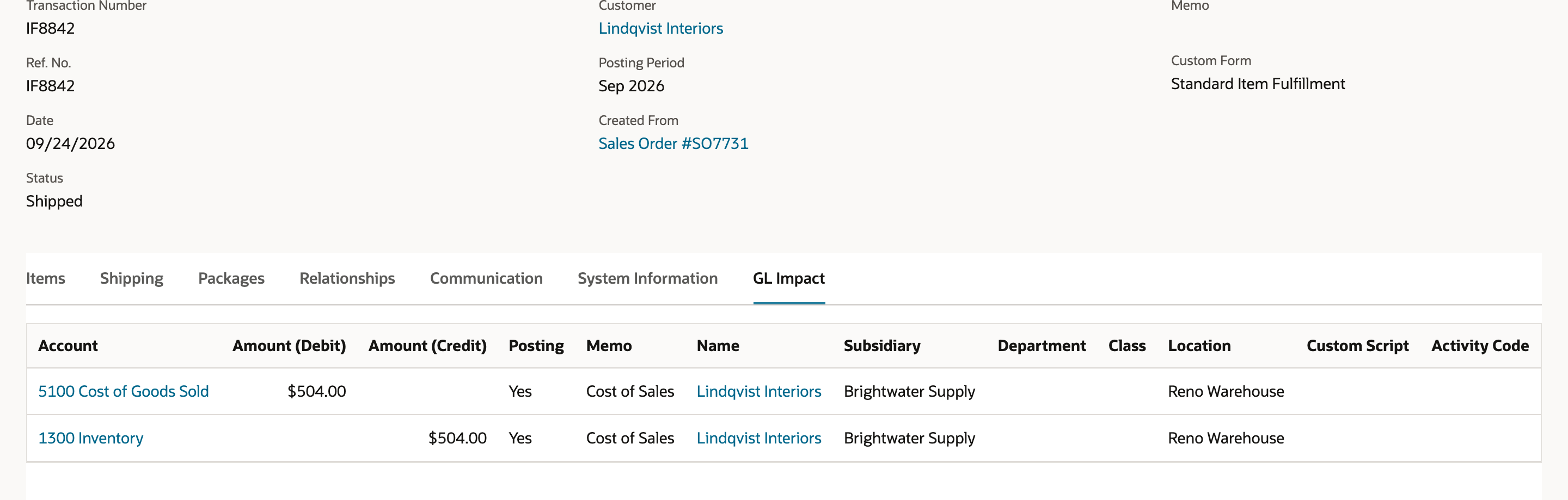GL Impact subtab of IF8842: 5100 Cost of Goods Sold debit $504.00 and 1300 Inventory credit $504.00, Memo Cost of Sales, Name Lindqvist Interiors, Subsidiary Brightwater Supply, Location Reno Warehouse.