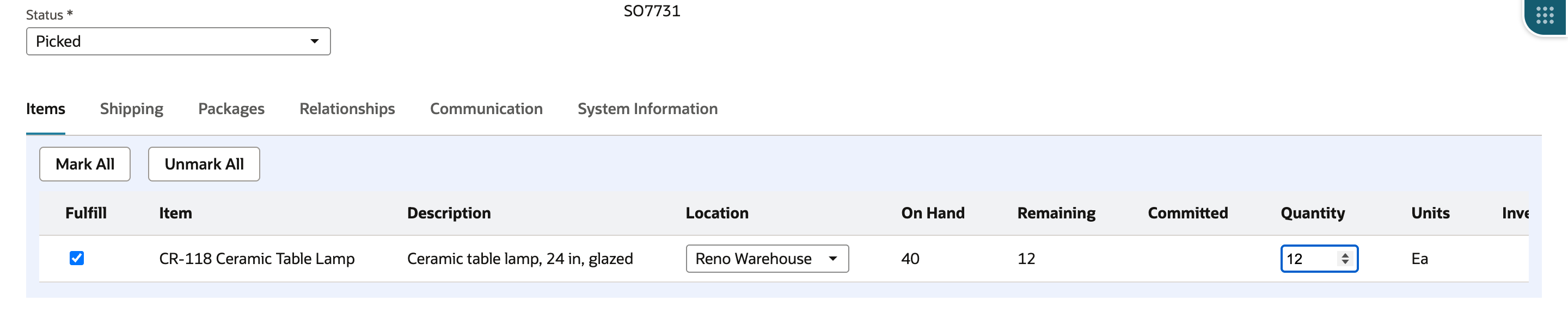 The fulfillment line: Fulfill checked, CR-118 Ceramic Table Lamp, Location Reno Warehouse, On Hand 40, Remaining 12, Quantity 12, Units Ea.