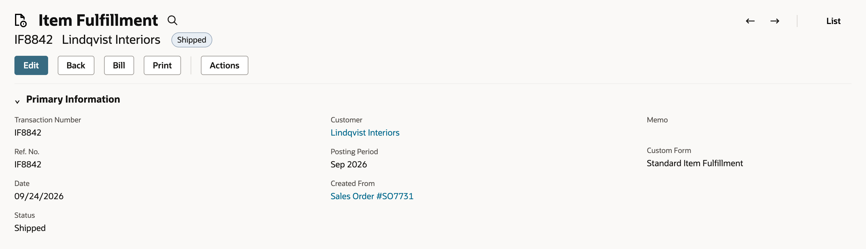 Item Fulfillment IF8842 for Lindqvist Interiors with status Shipped, Created From Sales Order #SO7731, and an Items line of 12 from Reno Warehouse.