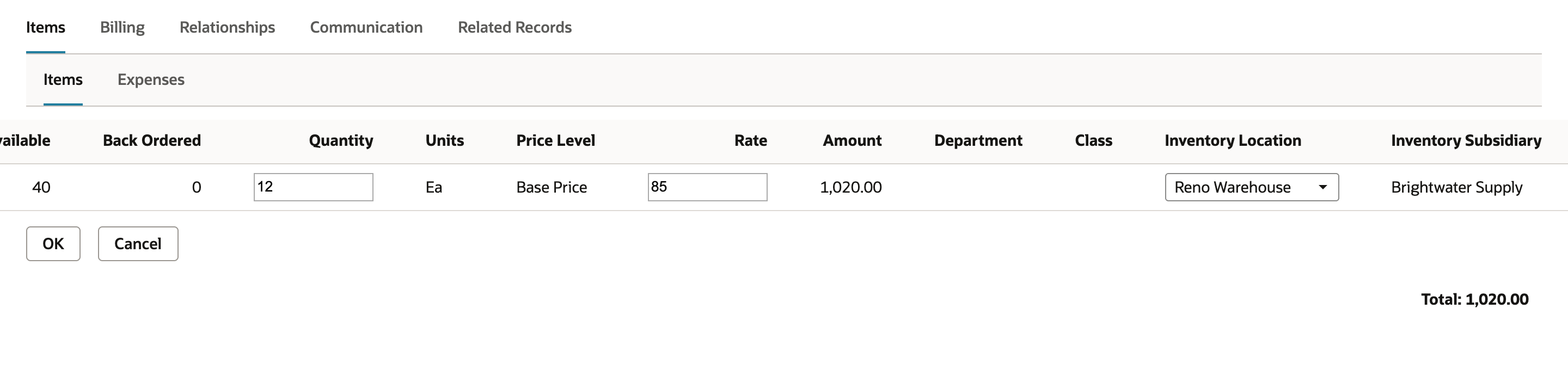 The open sales order line scrolled right: Available 40, Back Ordered 0, Quantity 12, Rate 85, Amount 1,020.00, Inventory Location Reno Warehouse and Inventory Subsidiary Brightwater Supply. An arrow points to Brightwater Supply.
