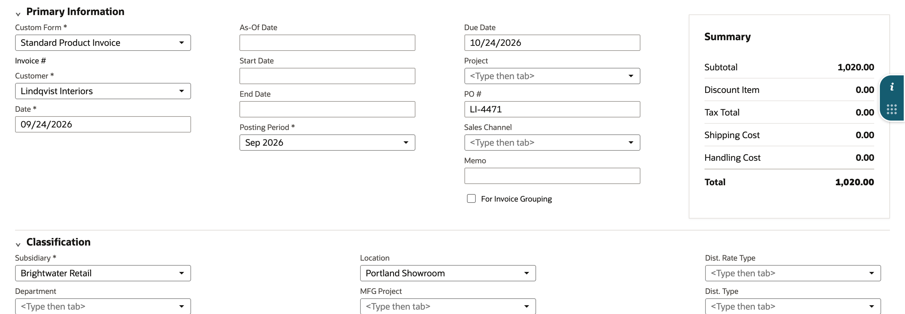 A new invoice billed from SO7731: Classification Subsidiary Brightwater Retail and Location Portland Showroom.