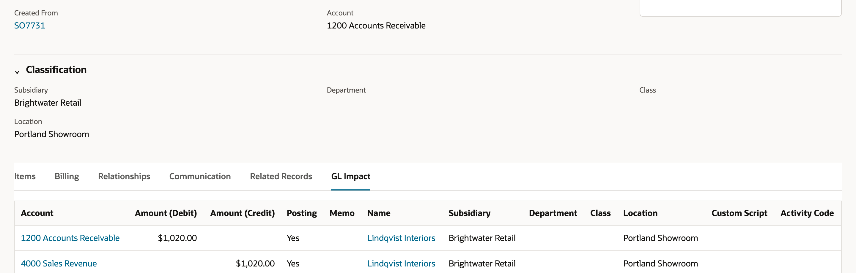 GL Impact subtab of invoice INV5517: 1200 Accounts Receivable debit $1,020.00 and 4000 Sales Revenue credit $1,020.00, Name Lindqvist Interiors, Subsidiary Brightwater Retail, Location Portland Showroom.