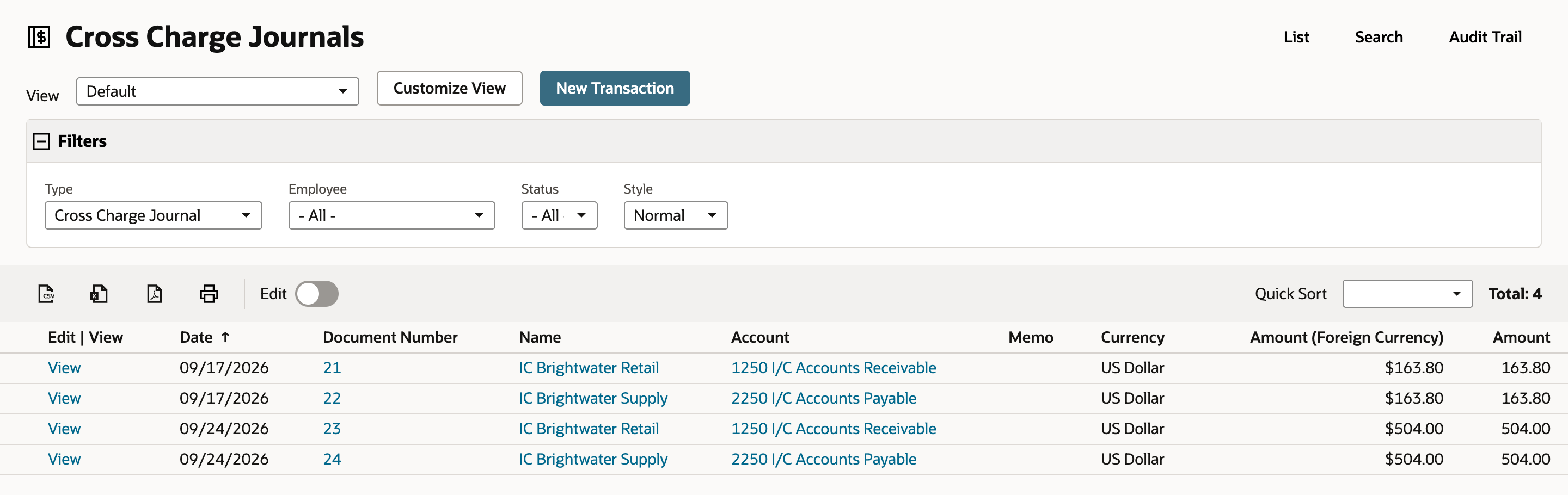 The Cross Charge Journals list: journals 21 and 22 dated 09/17/2026 for 163.80, and journals 23 and 24 dated 09/24/2026 for 504.00, with names IC Brightwater Retail and IC Brightwater Supply and accounts 1250 I/C Accounts Receivable and 2250 I/C Accounts Payable. An arrow points to journal 23.
