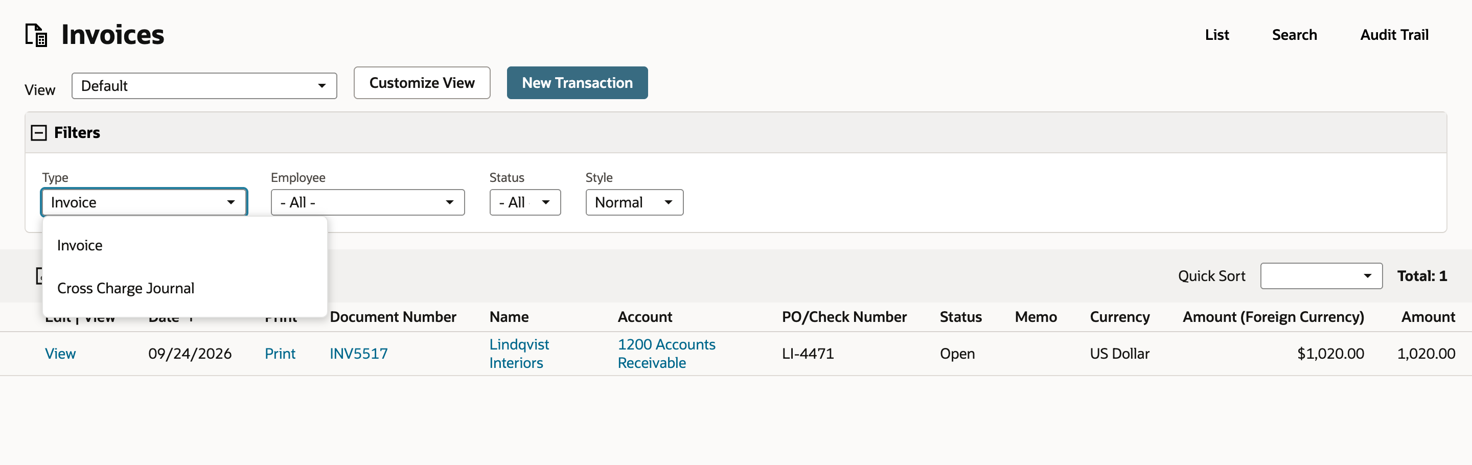 The Invoices list with the Type filter open, offering Invoice and Cross Charge Journal.