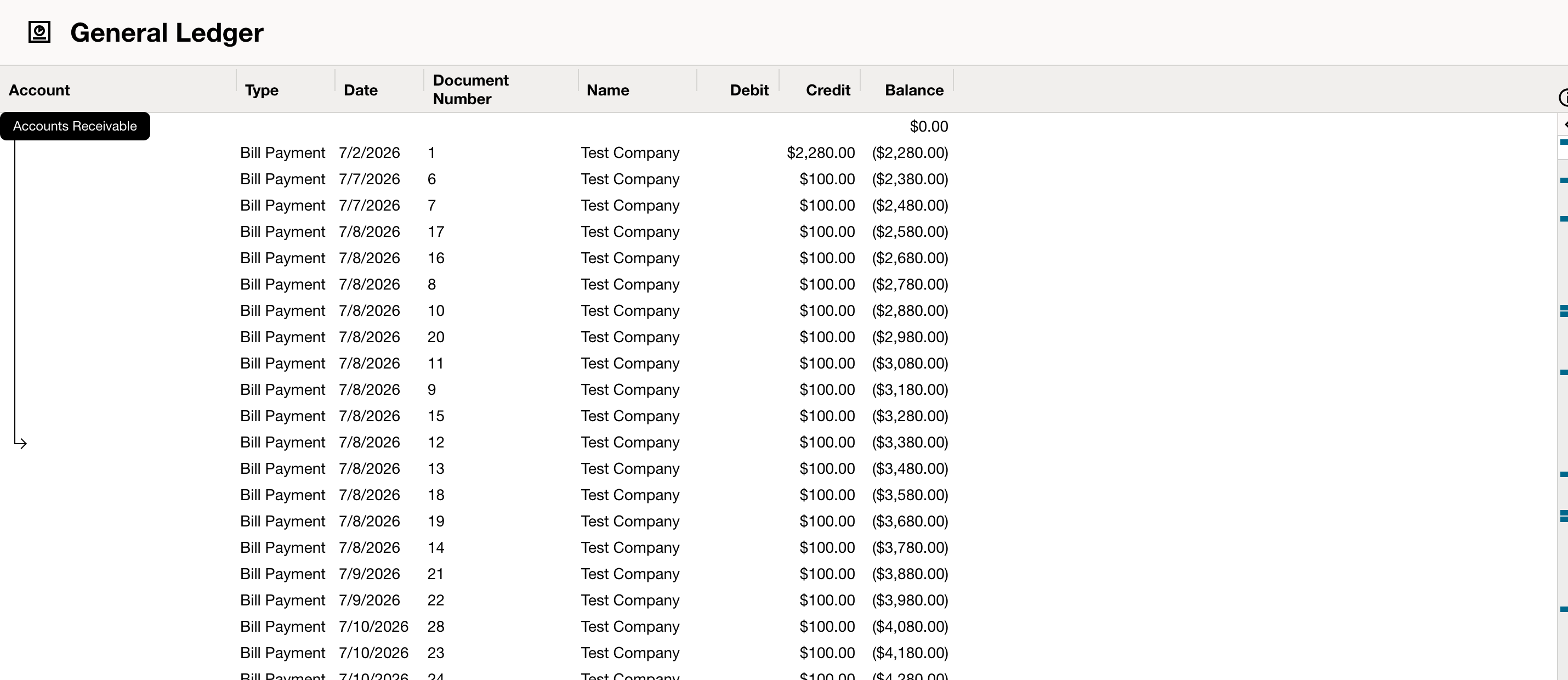 NetSuite: The document and amount columns connect account activity to specific transactions.