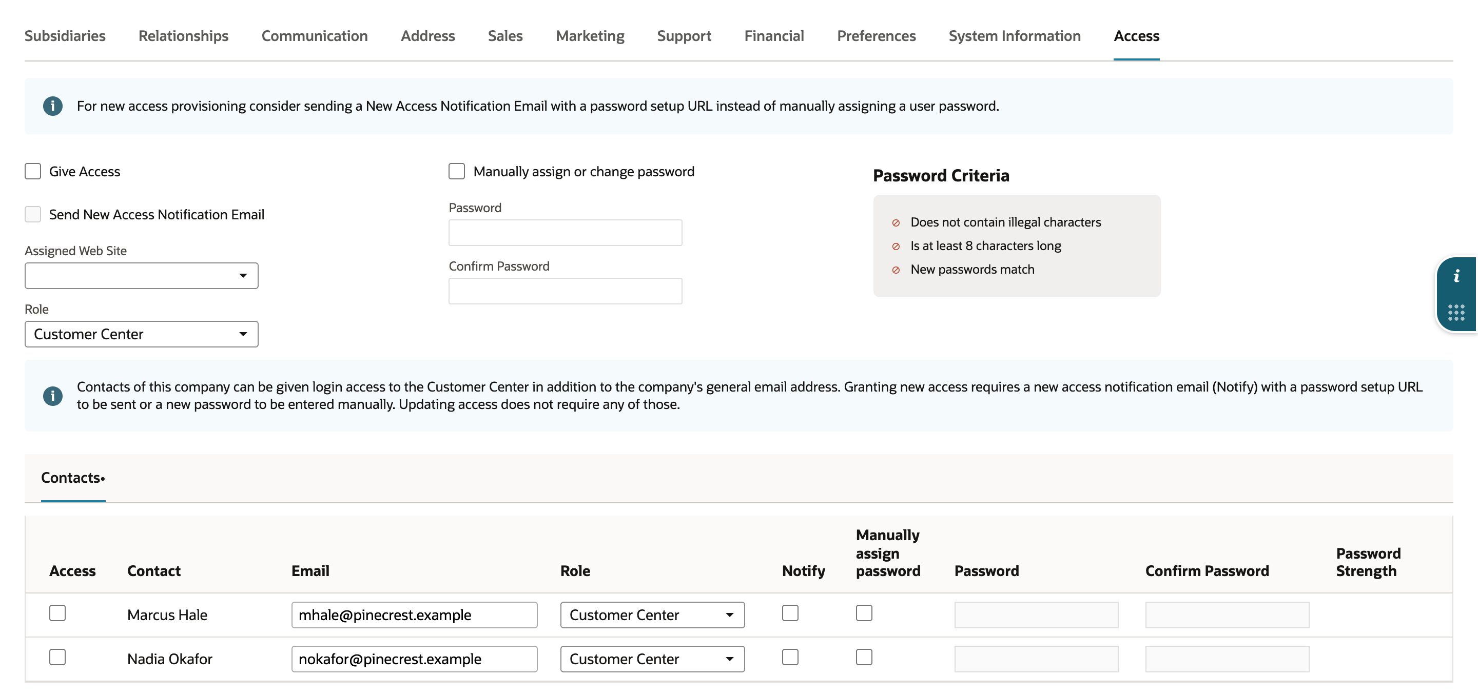 Customer Access subtab with Give Access cleared, Role Customer Center, and a Contacts sublist where Marcus Hale and Nadia Okafor both have Access cleared.