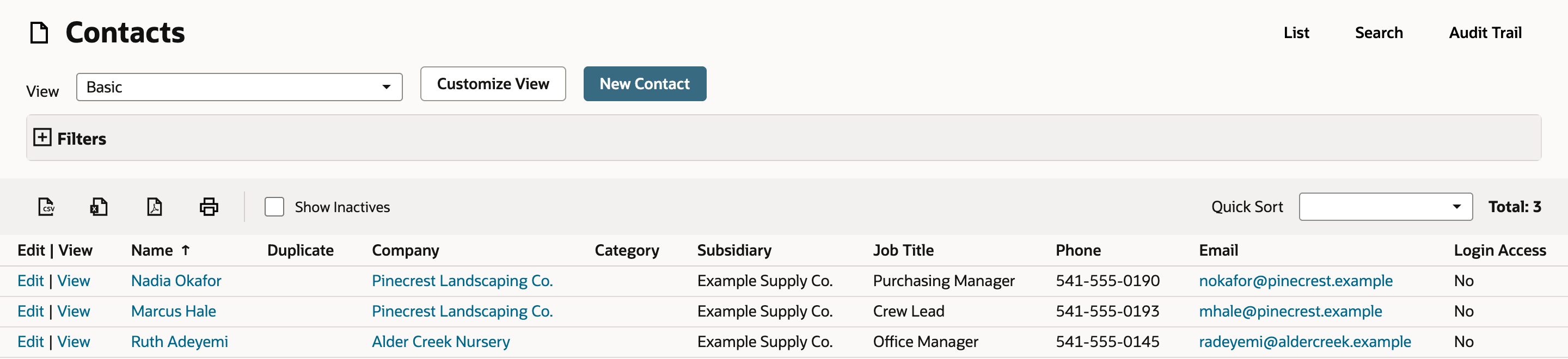 NetSuite Contacts list with Nadia Okafor and Marcus Hale at Pinecrest Landscaping Co. and Ruth Adeyemi at Alder Creek Nursery, all showing Login Access No.